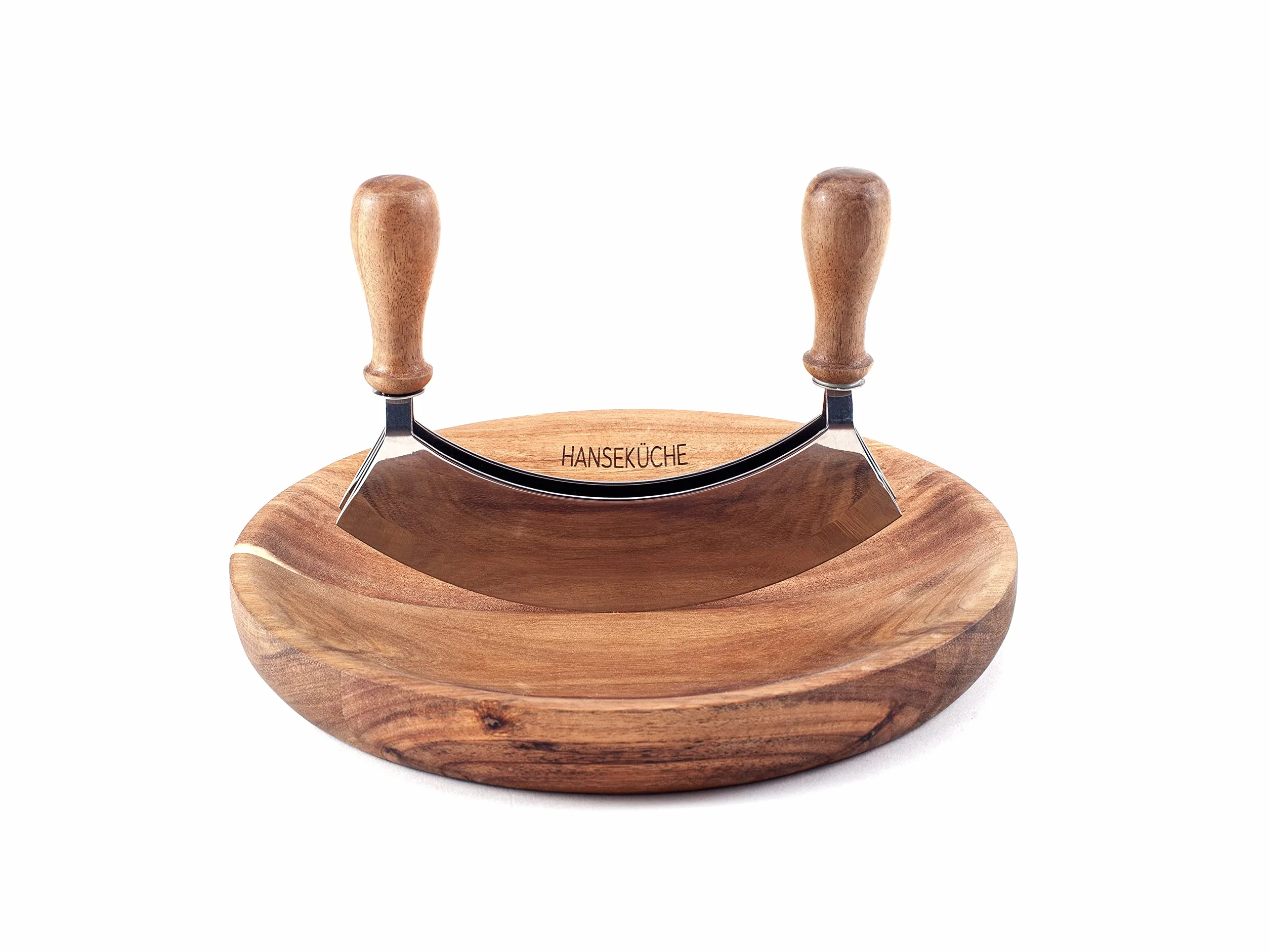 Hanseküche Tritatutto con Tagliere Certificato FSC, Coltello a Doppia Lama, Coltello Pieghevole in Acciaio Inox Affilato con Tagliere in Legno di Acacia, per Erbe e Spezie, Mezzaluna