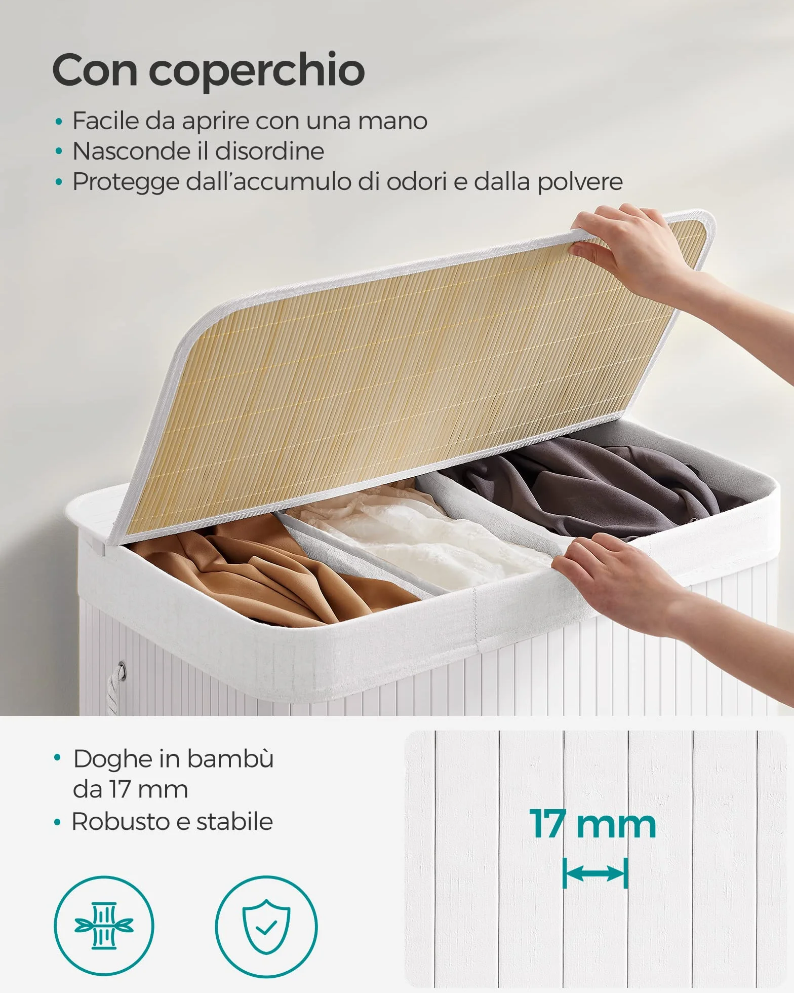 SONGMICS Cesto Portabiancheria, 150 L, Cesta Biancheria a 3 Scomparti in Bambù Coperchio, Maniglie, Pieghevole, Sacco Rimovibile e Lavabile in Lavatrice, Lavanderia, Casa, Bagno, Bianco LCB091W01
