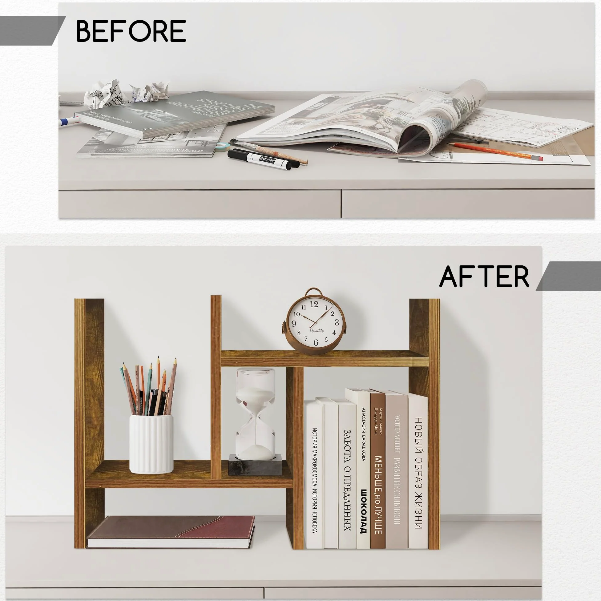 Jerry & Maggie Organizer da scrivania per ufficio, scaffale regolabile in legno, stile libero, doppia H, vero supporto naturale, tono legno naturale