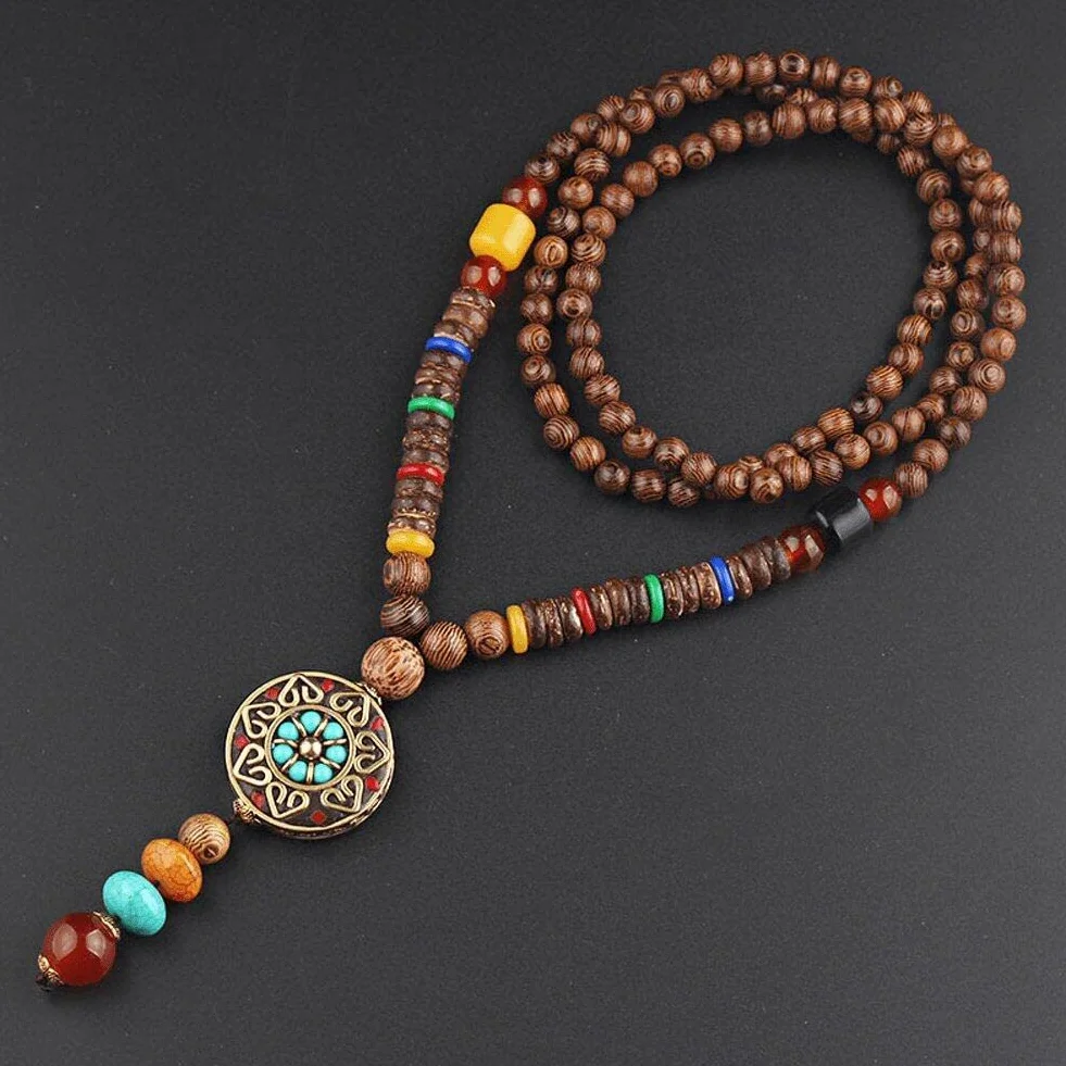 Collane di Perline in Legno Collana Vintage Etnica Fatta a Mano Nepal Meditazione Preghiera Maglione con Collana Lunga con Ciondolo
