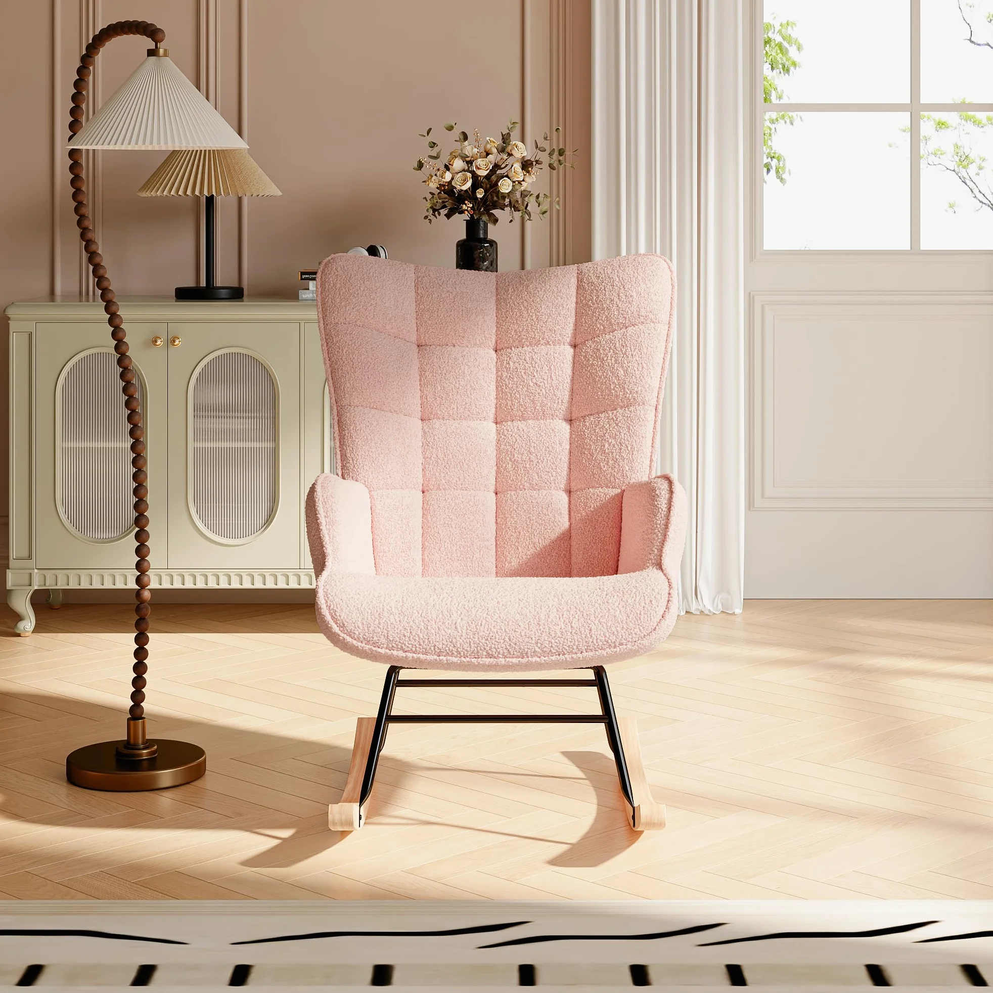 Sedia a dondolo Rosa, Rocking Chair, Sedia per l'allattamento, Sedia in velluto Teddy con gambe in legno massiccio, per soggiorno, camera da letto, balcone (rosa)