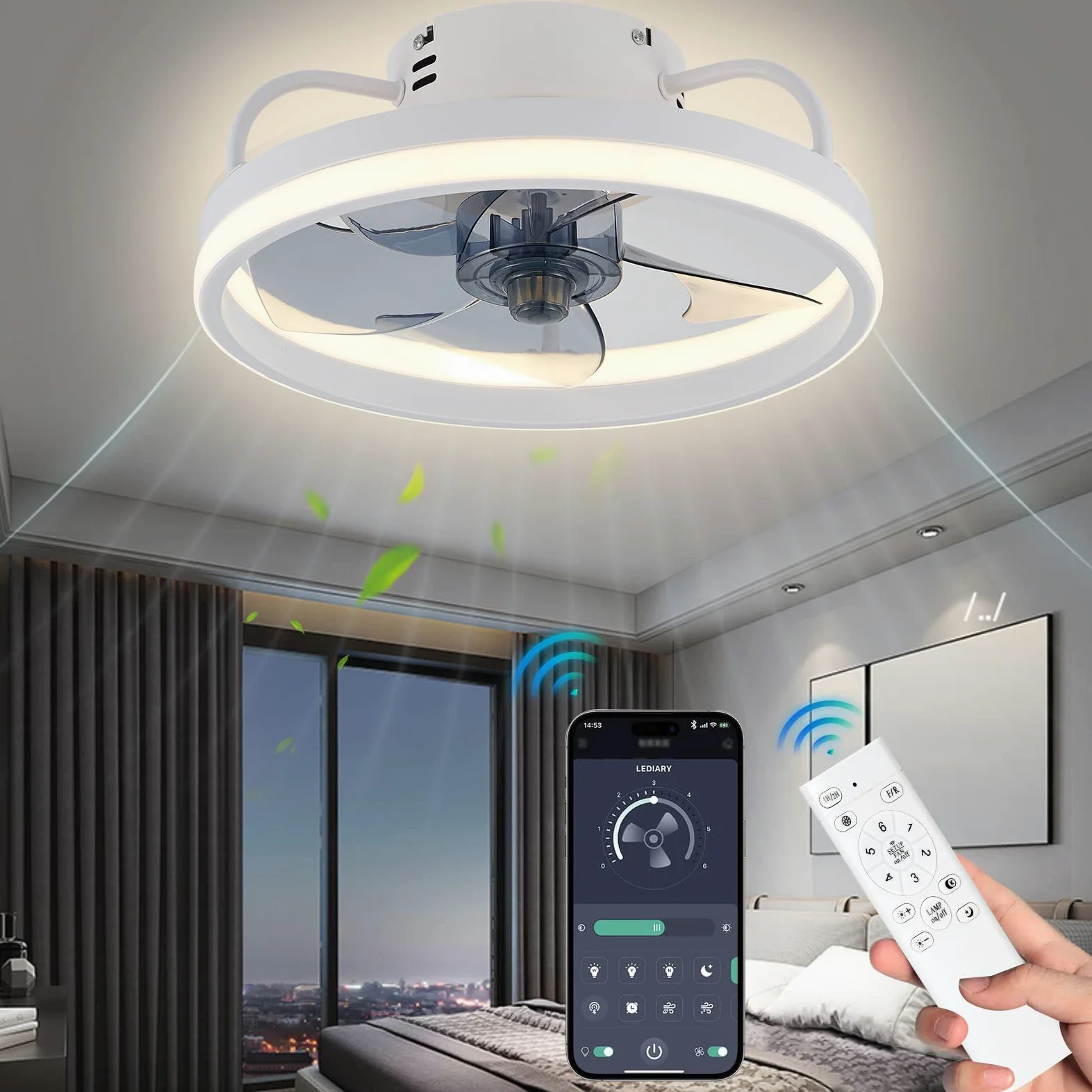 Eznaobo Ventilatori da soffitto 33/50 cm con illuminazione e telecomando, 6 velocità, regolatore di intensità, applicazione intelligente, illuminazione silenziosa e moderna per soggiorno, camera