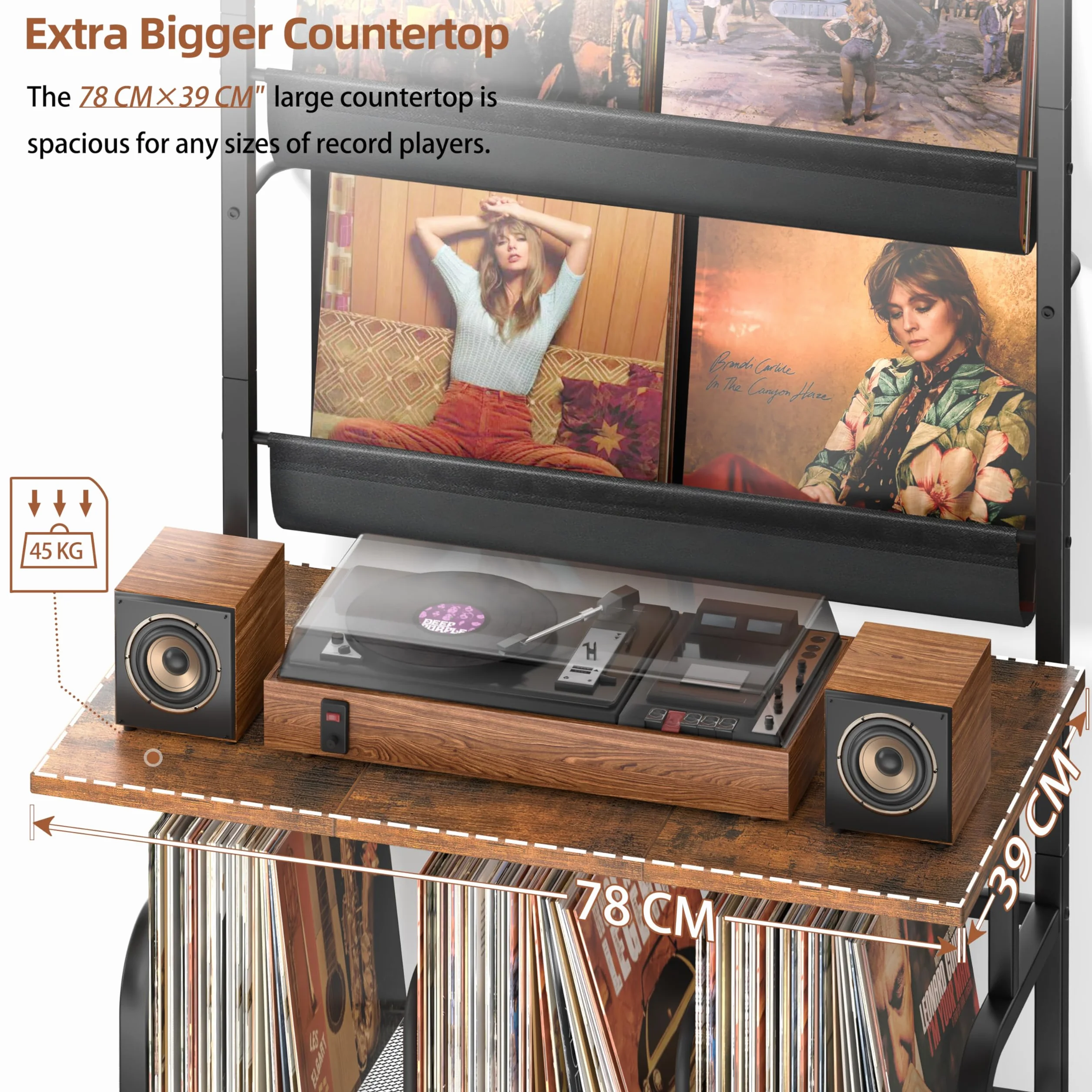 Bikoney Mobile per Giradischi con Porta Vinili a 3 Livelli, Supporto ad Alta Capacità per 300 Album e Dischi LP, Tavolino con Fissaggio a Parete per Massima Stabilità, Grande