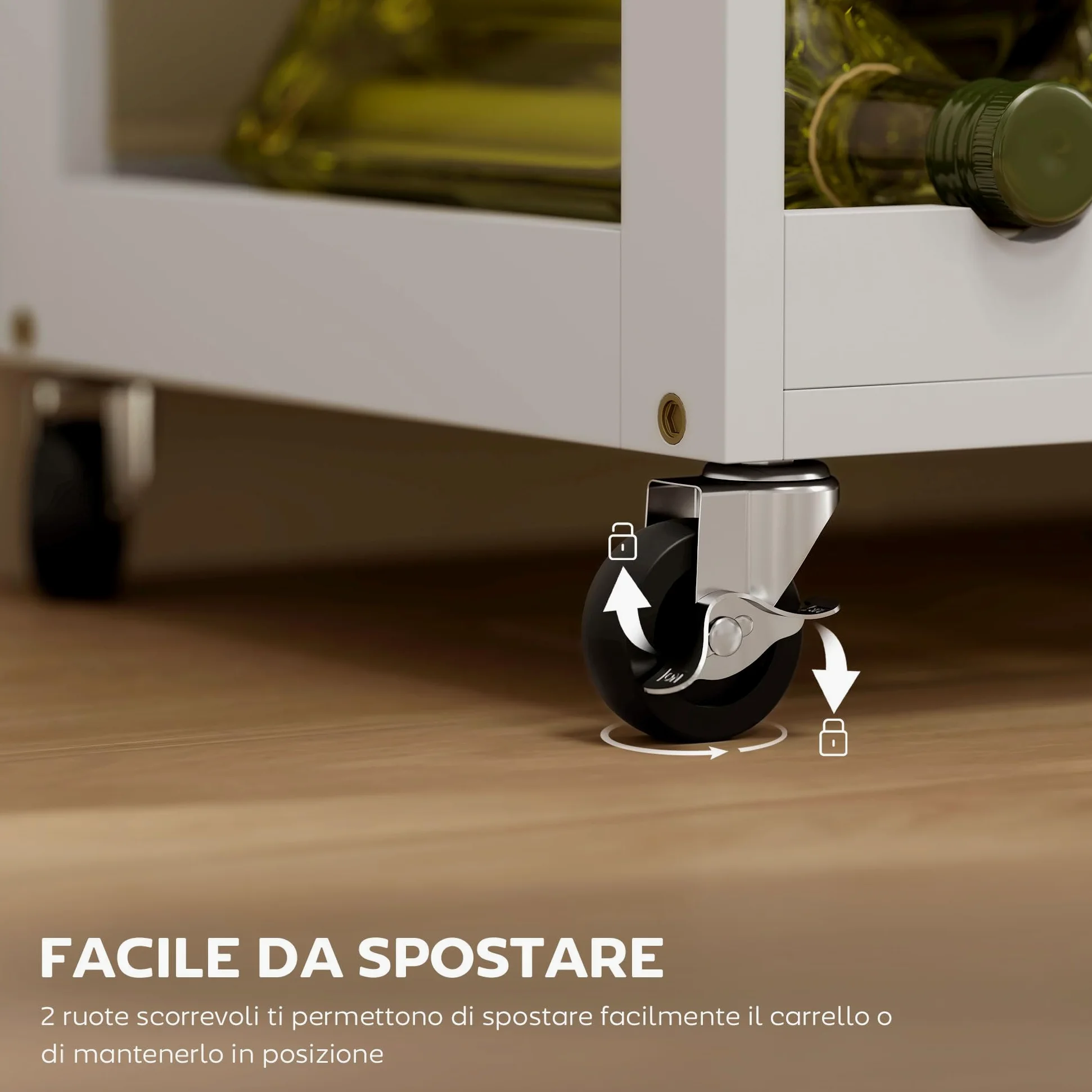HOMCOM Carrello da Cucina con 9 Portabottiglie, 3 Ante, 4 Ruote e Cassetto, Mobiletto Cucina Salvaspazio con Piano in Legno di Gomma, per Soggiorno, 67x37x87 cm, Bianco e Rovere