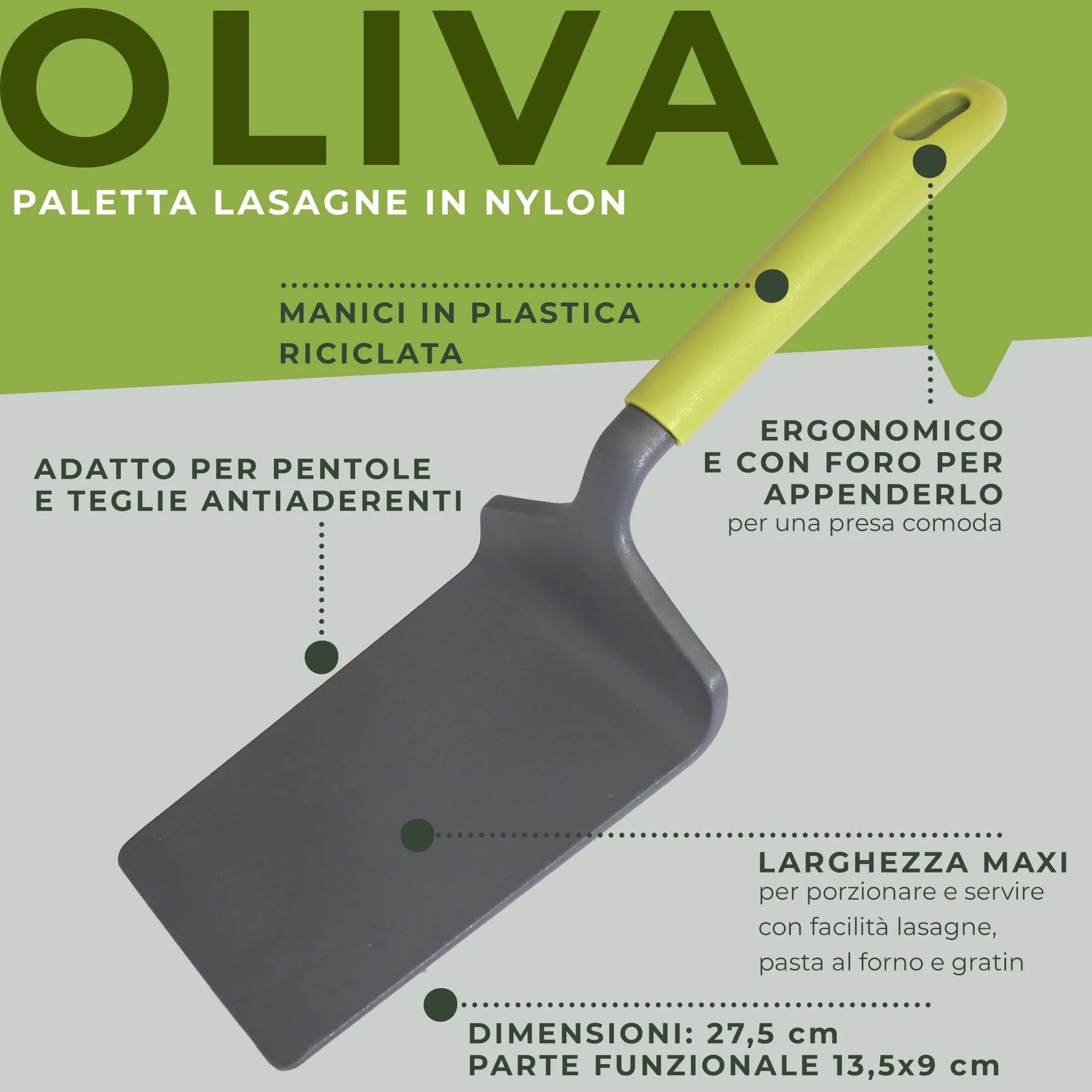 Fackelmann Paletta lasagne con manico in plastica riciclata, nylon resistente alte temperature