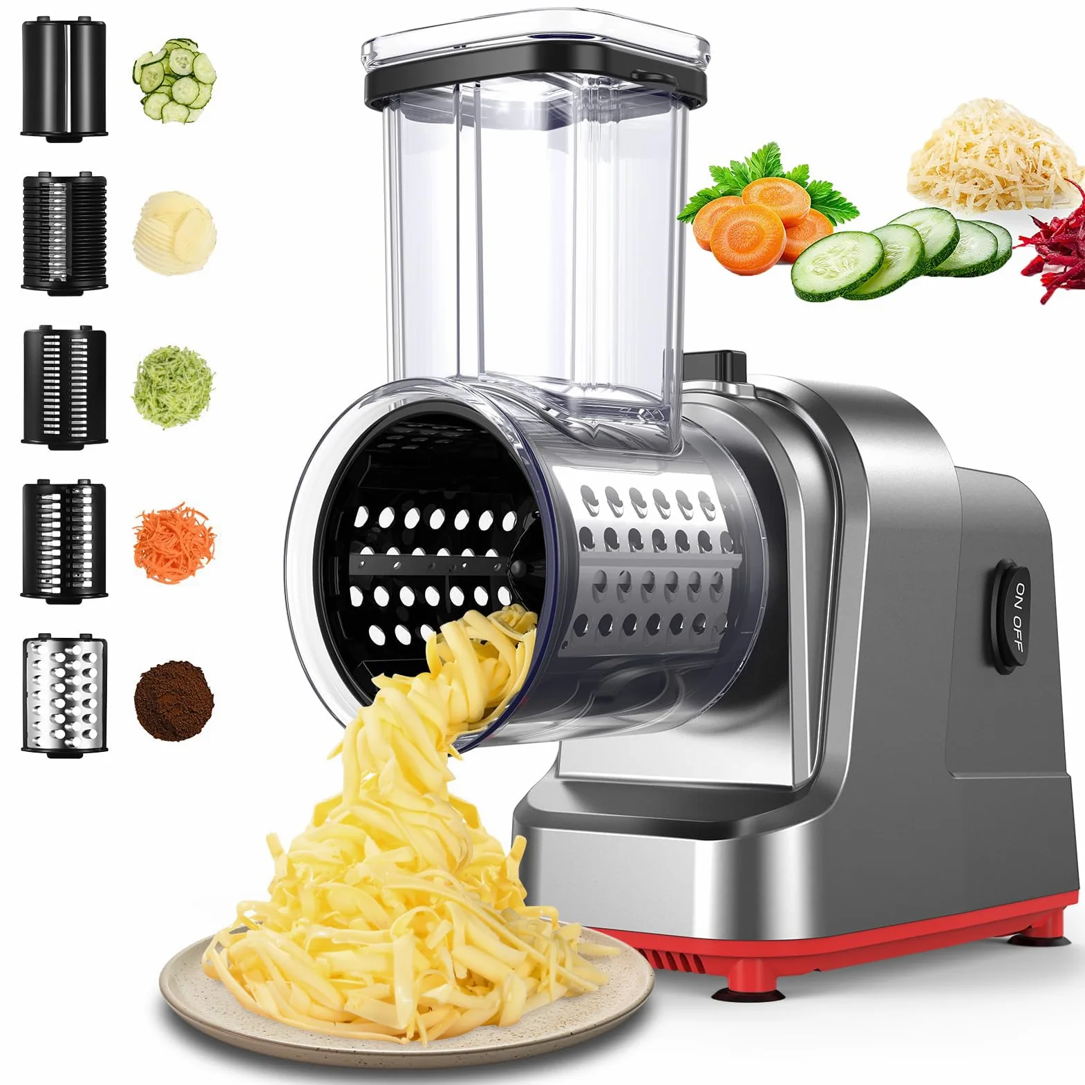 Grattugia elettrica per Formaggio, 5 Lame di Forma diversa per Insalata, Formaggio, Frutta e Verdura, grattugia elettrica da 250 W per Carote Intere, affettatrice per Patate al Formaggio
