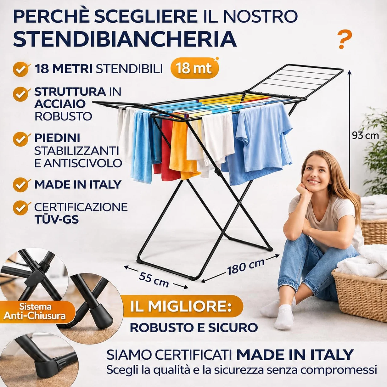 AGRICOLA GIRALDI Stendibiancheria da Pavimento, UNICO NEL SUO GENERE, 18 METRI DI STENDITURA, in Acciaio - Stendino Pieghevole con Piedini Antiscivolo, Sistema Anti-Chiusura, BLACK