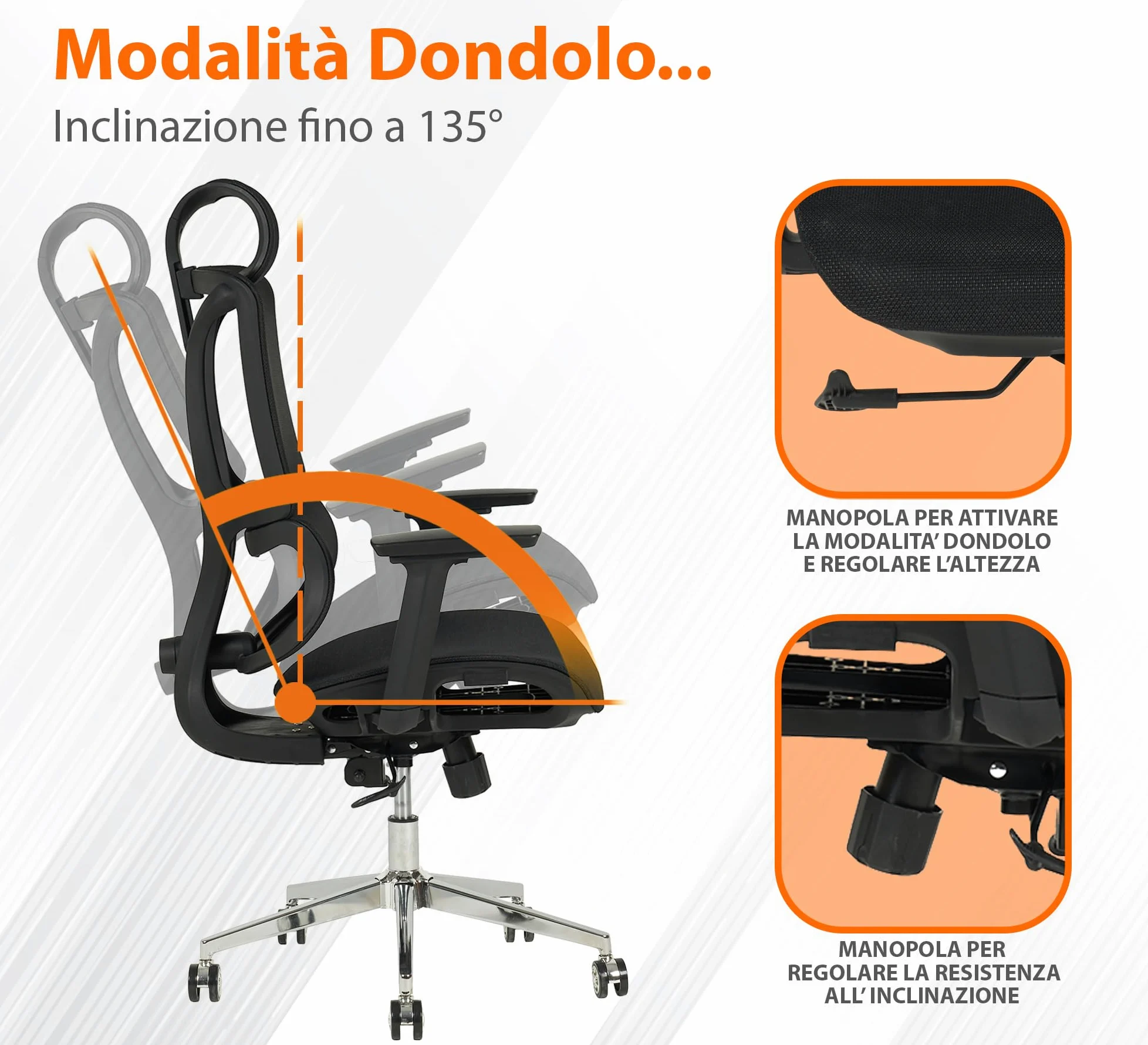 IlGruppone Sedia Ufficio Ergonomica Professionale Schienale Alto in Rete Gaming Poltrona Direzionale Altezza Regolabile Portata 150 kg con Supporto Lombare e Braccioli Regolabili - Nero
