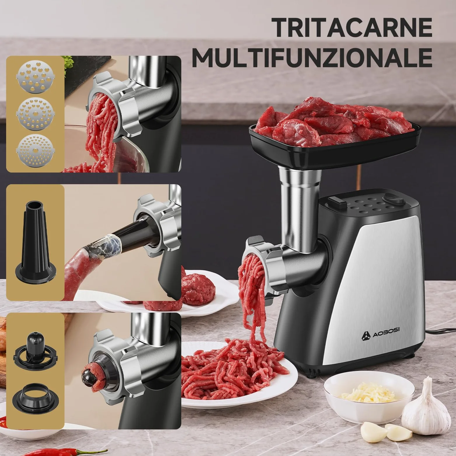 Tritacarne AAOBOSI, Tritacarne Elettrico 3-IN-1[2800W Max]con 2 Lame, 3 Piatti, Insaccatrice per Salsicce, Kit Kubbe, per Uso Domestico in Cucina, Acciaio Inossidabile