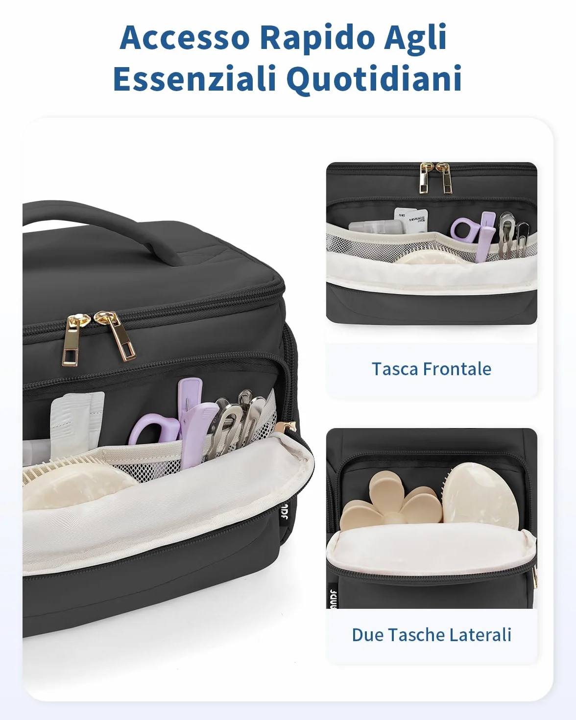 WANDF Beauty Case da Viaggio Donna, Grande Trousse Trucco a Larga Apertura con Maniglia, Organizer per Toiletries, Cosmetici, Accessori ed Essenziali da Viaggio, Nero