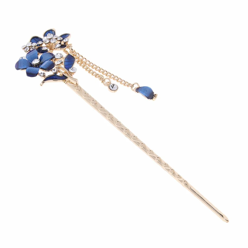 Bacchette per capelli cinesi con strass di cristallo a forma di fiore blu