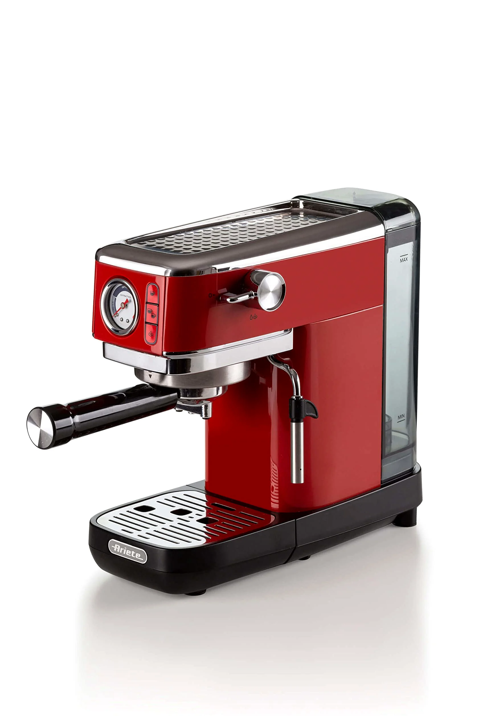 Ariete Espresso Slim Metal 1381, Macchina da Caffè con Manometro, Compatibile con Caffè in Polvere e Cialde ESE, 15 Bar Massime, Filtro 1 o 2 Tazze, Lancia per Cappuccino, 1300W, Rosso