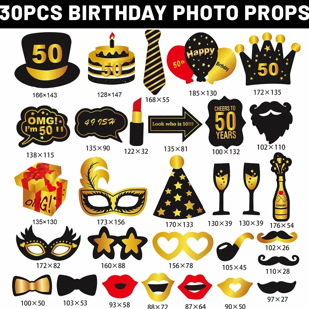 50° Set di oggetti scena per foto di compleanno, Photo Booth Compleanno Accessori Fai da Te Carta per Festa Compleanno Gadget 50 Anni feste di compleanno (30PCS)