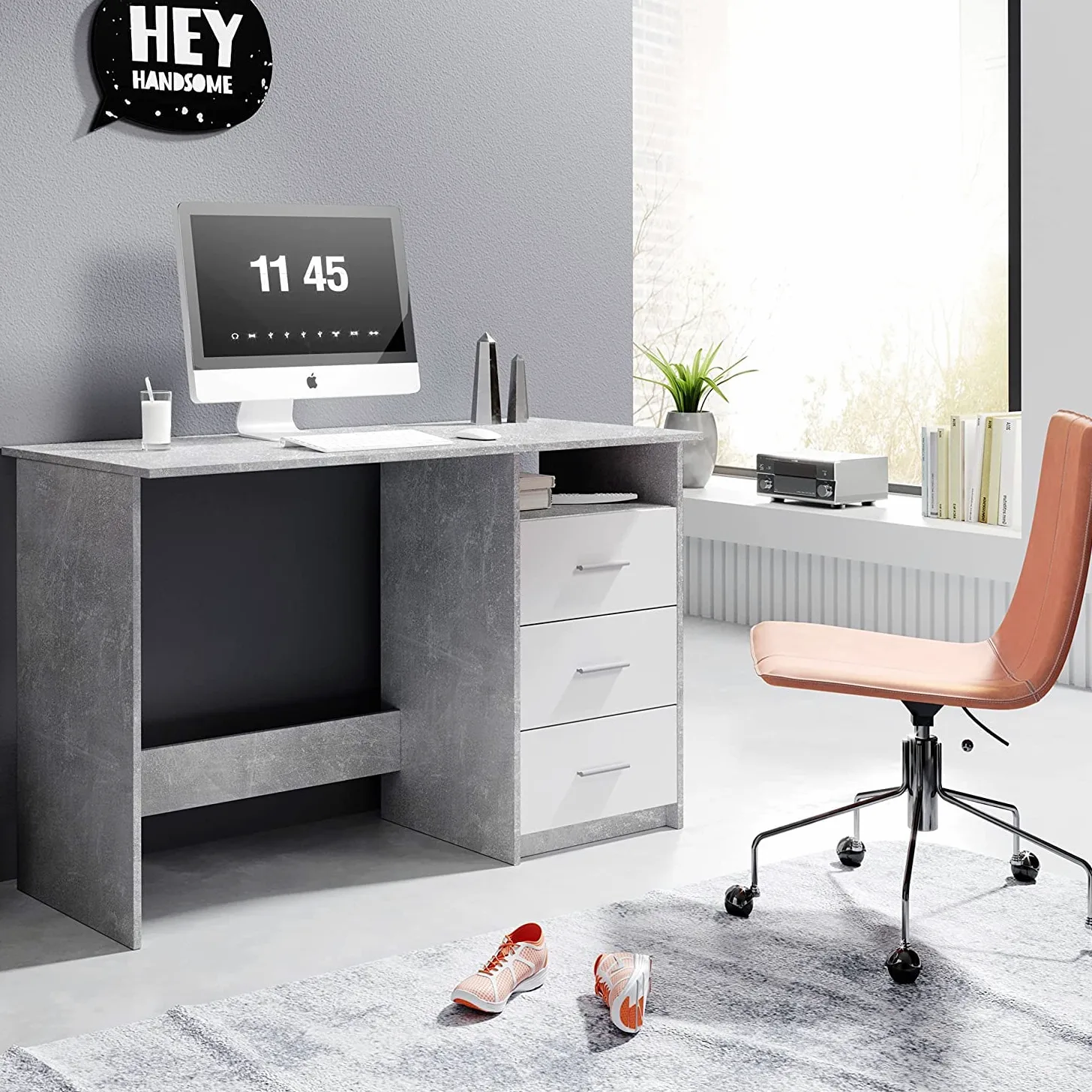 AVANTI TRENDSTORE - Adria - Scrivania con 3 cassetti bianchi ed 1 vano aperto, in legno laminato, disponibile in 3 diversi colori (Grigio)