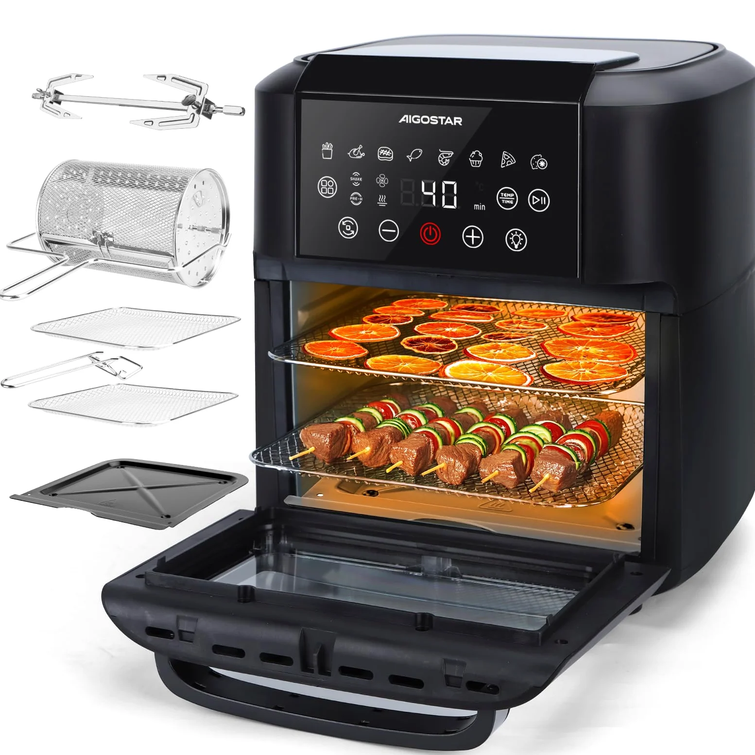 Aigostar Owen - Friggitrice ad aria da 12 litri, Forno ad aria multifunzione, 1700 W, Touch screen LED, 8 modalità preimpostate, include 7 accessori, sistema rotante, BPA FREE