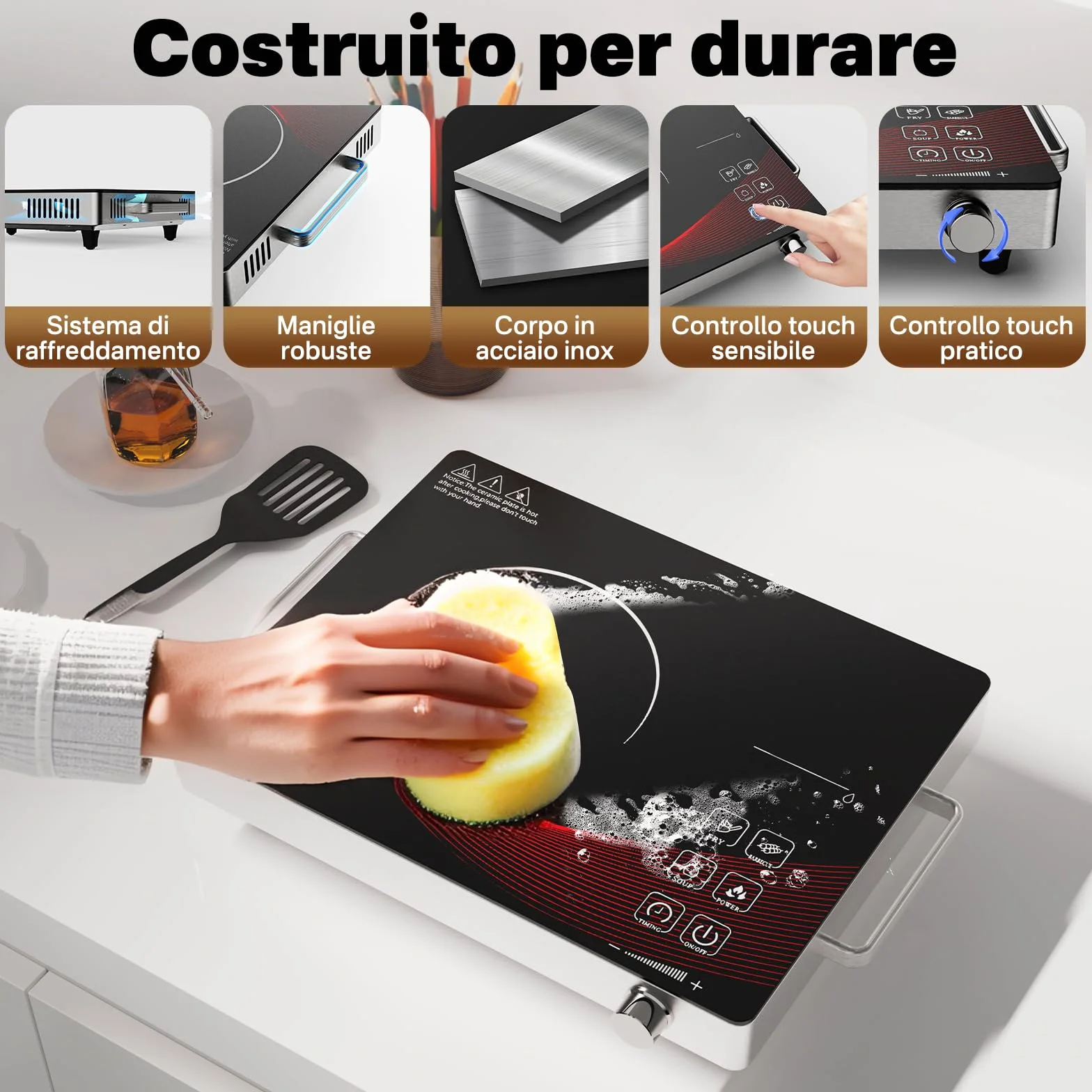 Fornello Elettrico 1 Fuoco a Infrarossi Portatile, Piastra Vetroceramica con Controllo Touch, Temperatura Regolabile RR-912-Black
