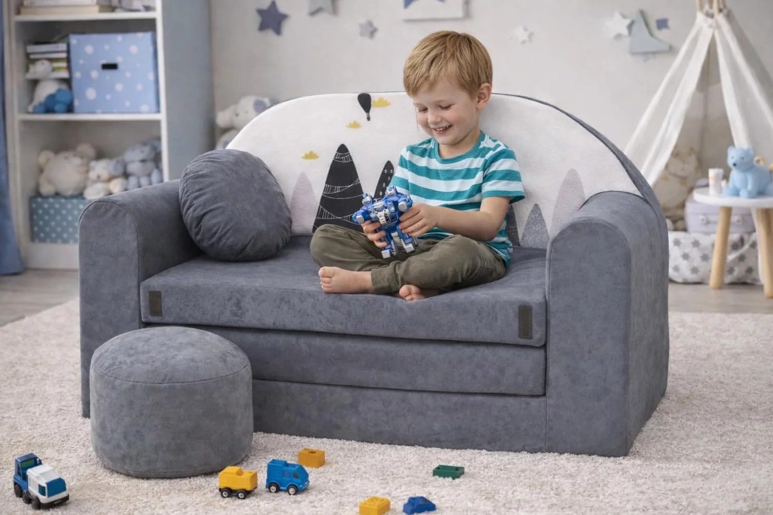 Divano letto pieghevole per bambini con funzione letto Perfetto per giocare e dormire - Con materasso, cuscino e pouf sfoderabili - 98x168x59 cm AX2 Grigio - Cime delle montagne
