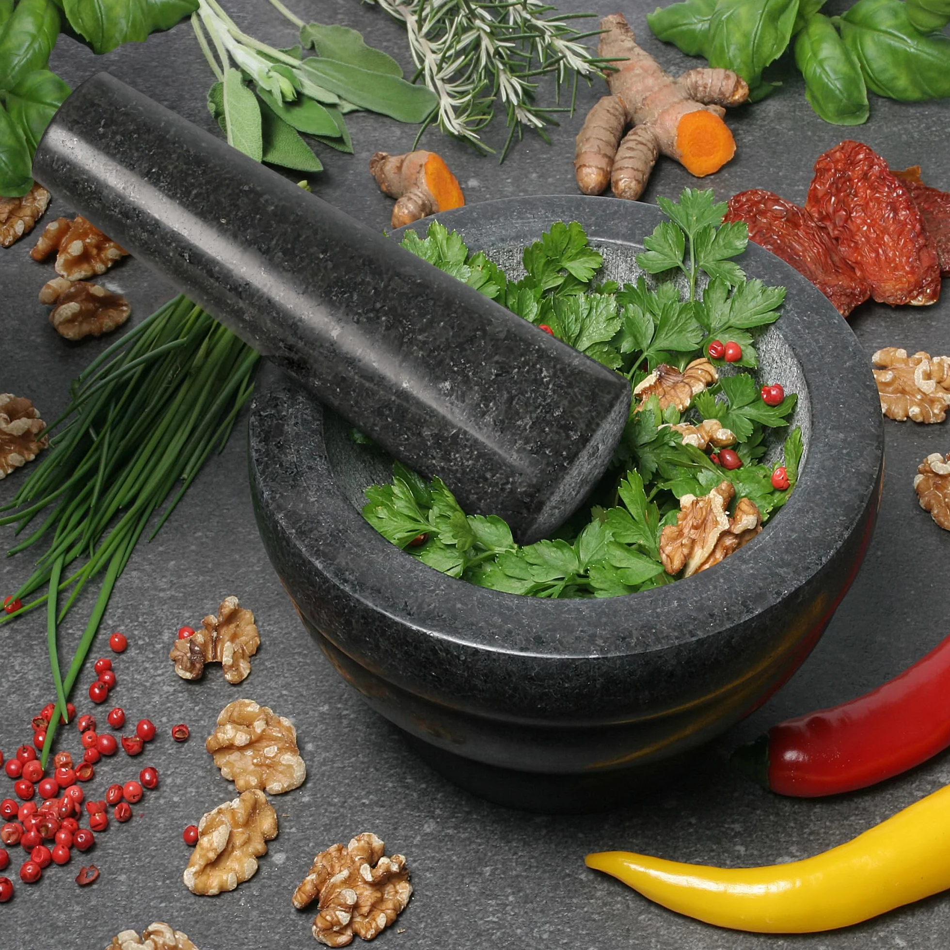 wenco Set di mortaio e pestello in granito Ø 16 cm – perfetto per tritare, macinare e preparare erbe, spezie, pesto – robusto utensile da cucina per la preparazione tradizionale