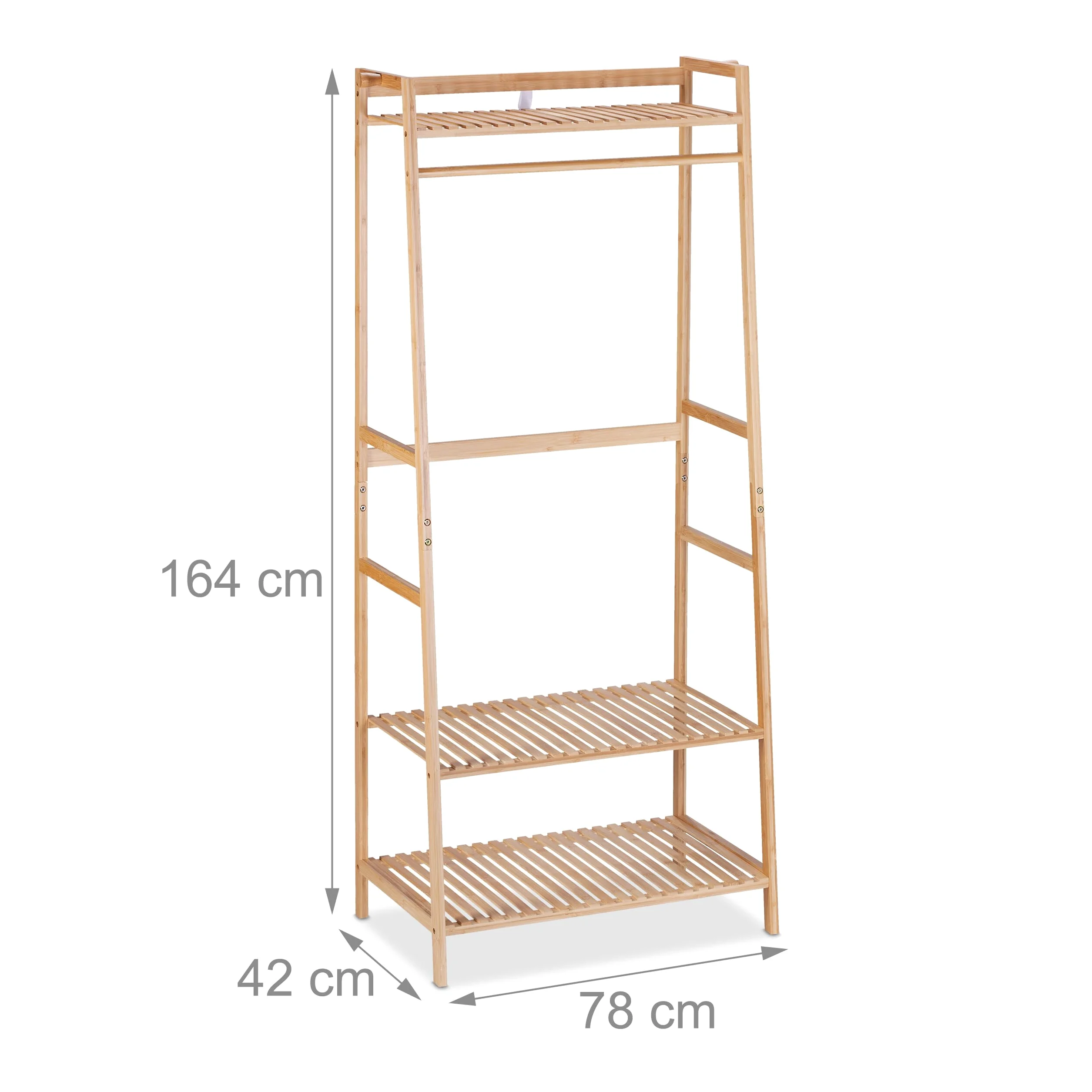 Relaxdays Appendiabiti in bambù con 3 Ripiani e 2 Ganci, HLP: 164x78x42 cm, Guardaroba Appendi Abiti, Marrone Naturale