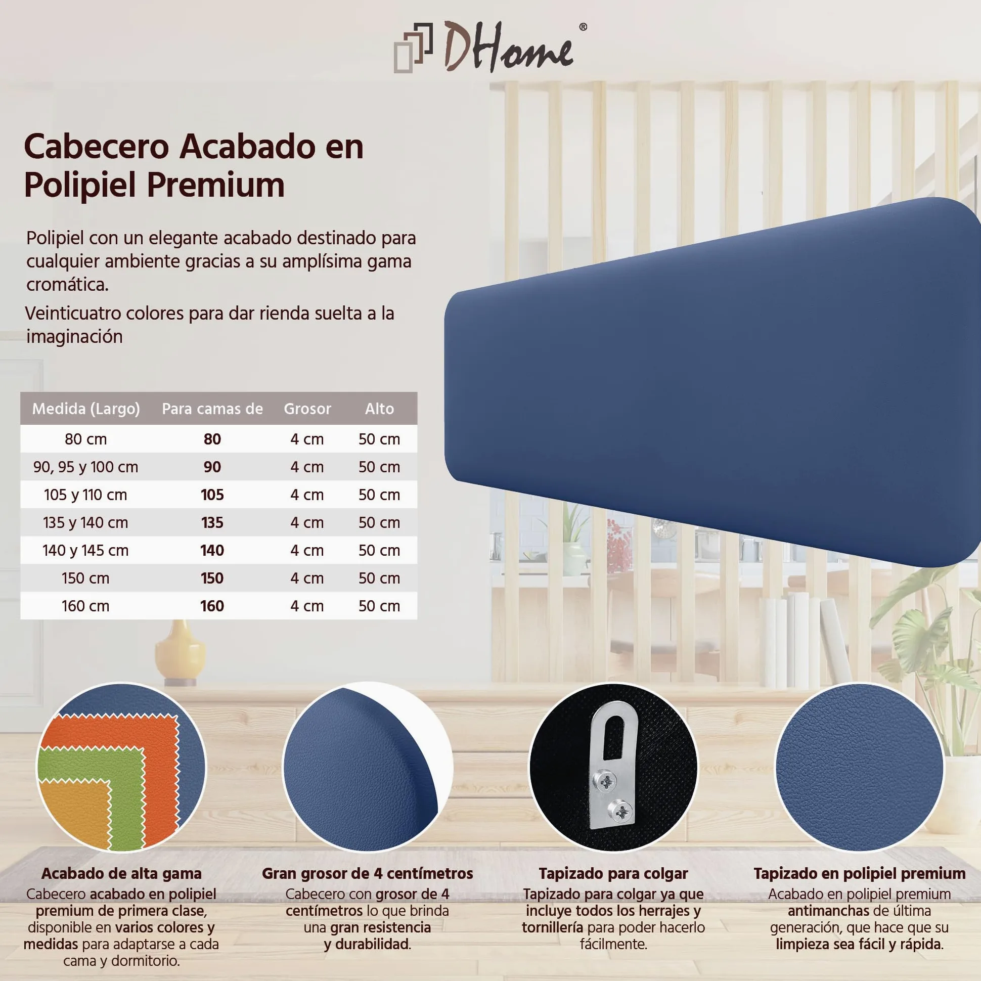DHOME Testata Imbottita Liscia Arrotondata in Similpelle per Parete Acustica Testate Fonoassorbenti Testiera Letto Camera da Letto (Blu, 160cm)