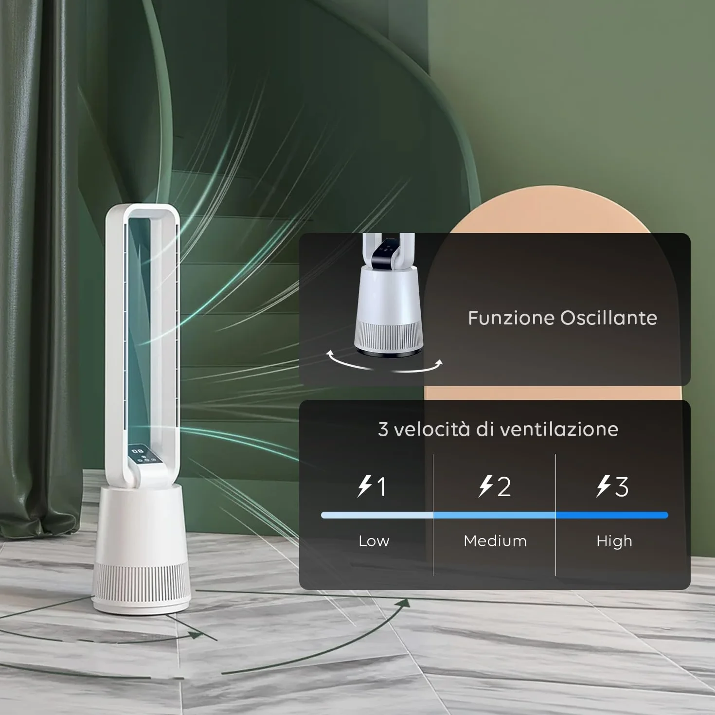 Avilia - Ventilatore a Torre Silenzioso con Telecomando e Display LED, 3 Velocità, Timer e Oscillazione, Ventilatore Senza Pale da Terra per Aria Fresca Uniforme e Design Moderno Elegante
