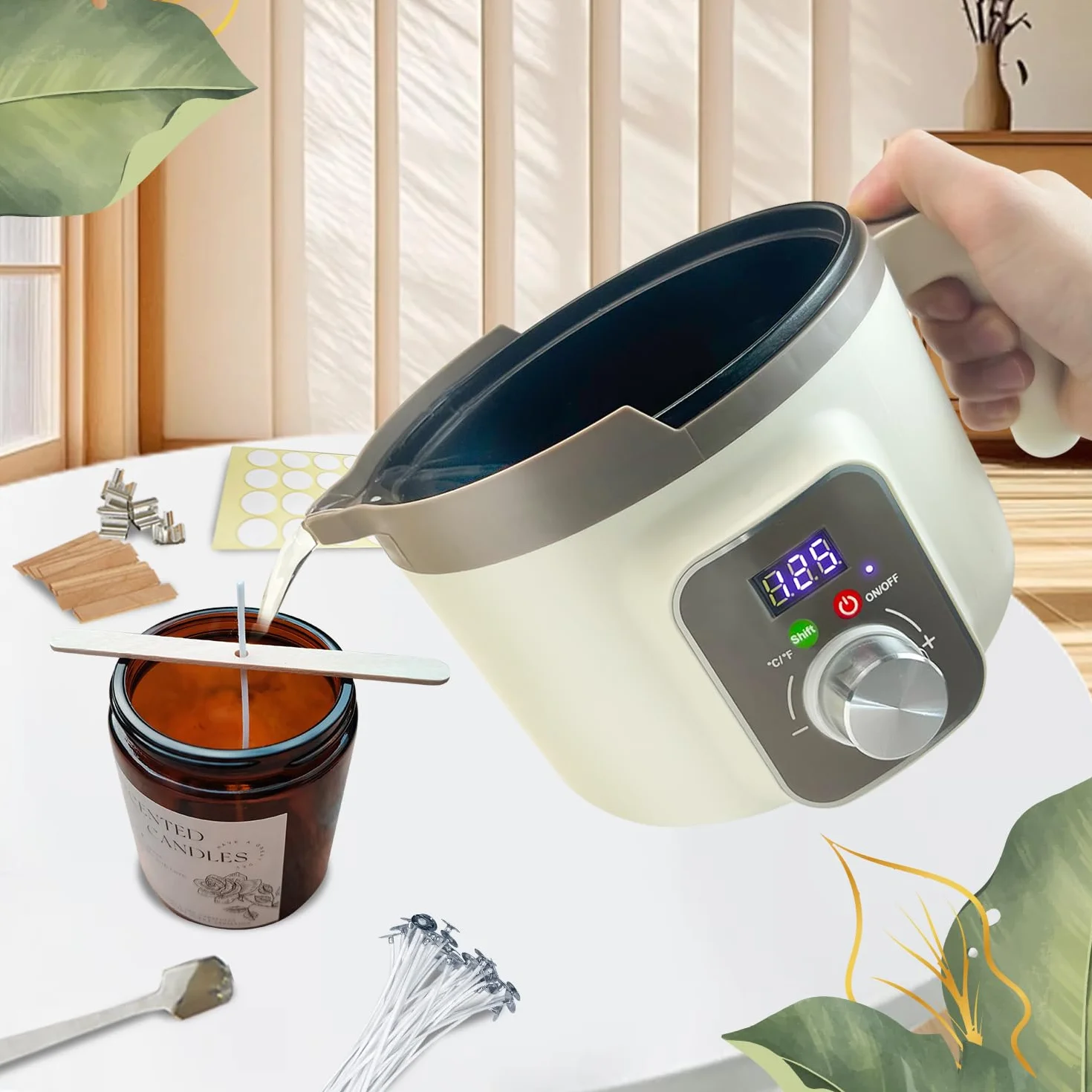 LINGQIAN Kit fabbricazione candele con fusore digitale di cera, cera di soia, 8 barattoli, 8 oli profumati