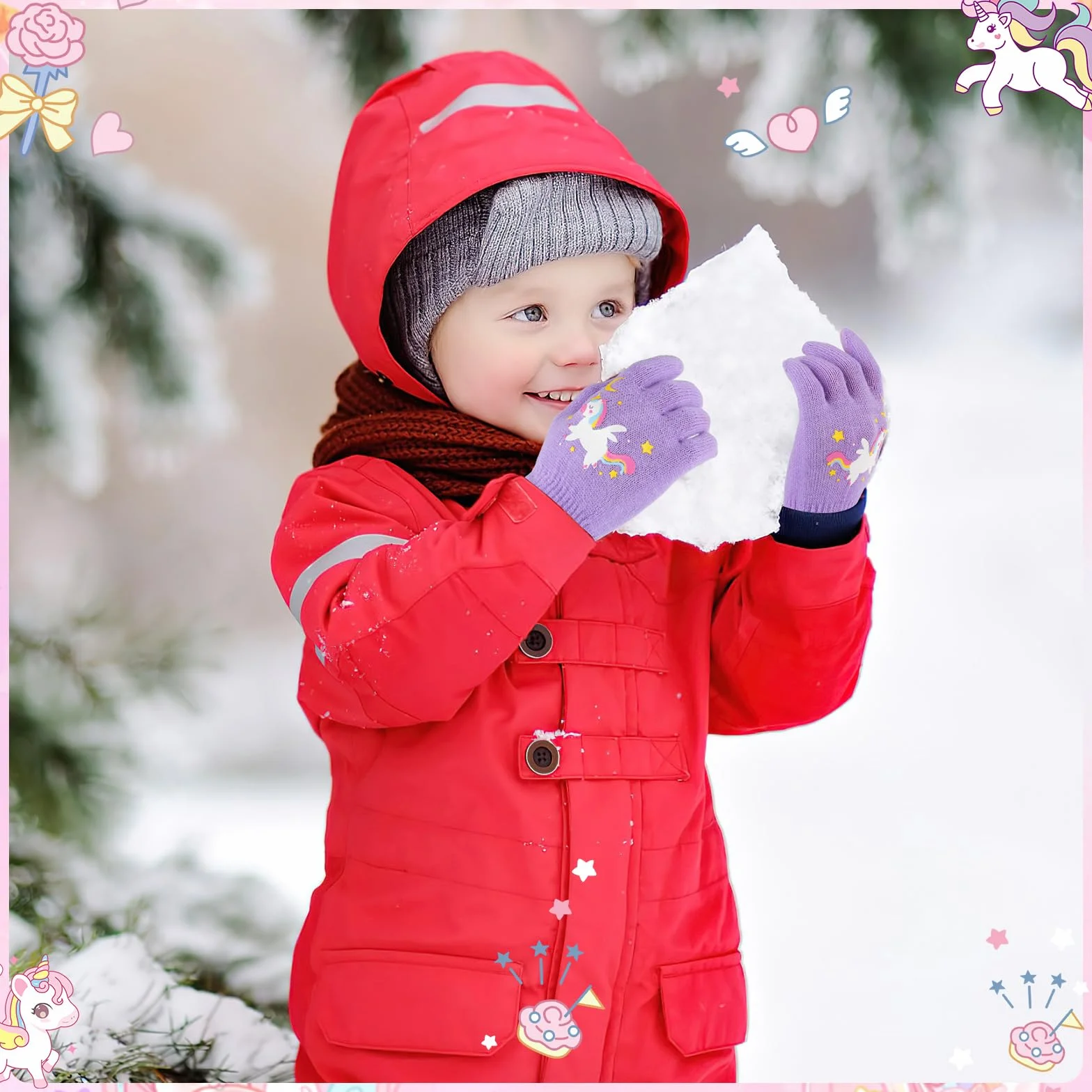 Guanti Invernali Termici Unicorno per Bambini Muffole Magiche a Dita Intere Elastici 4-12 Anni