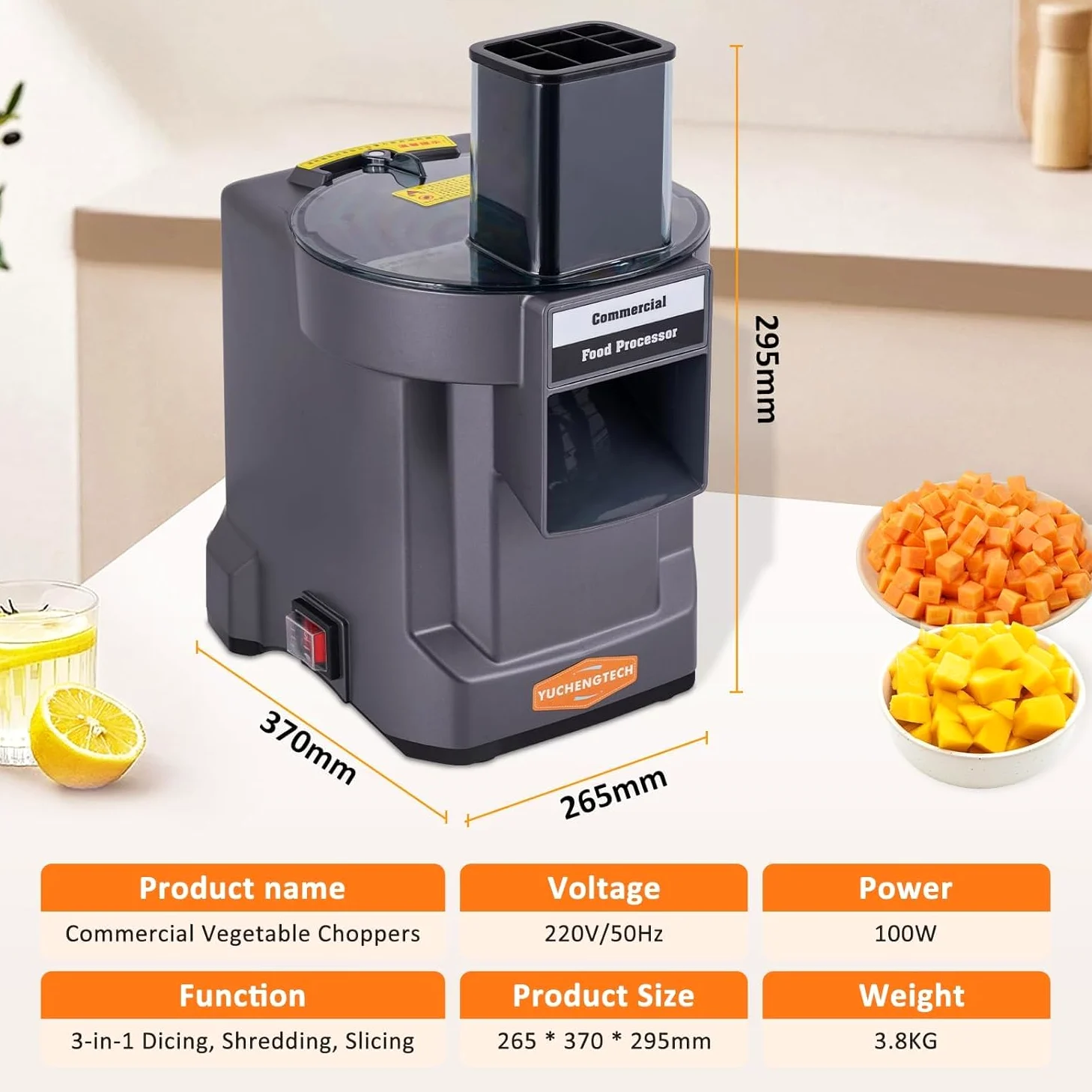 YUCHENGTECH Tagliaverdure Cubetti Elettrico Cubettatrice Verdure Elettrico con 3 Lame Tagliaverdure Elettrico Professionale per Tagliare a Cubetti Affettare e Sminuzzare Frutta e Verdura 100W