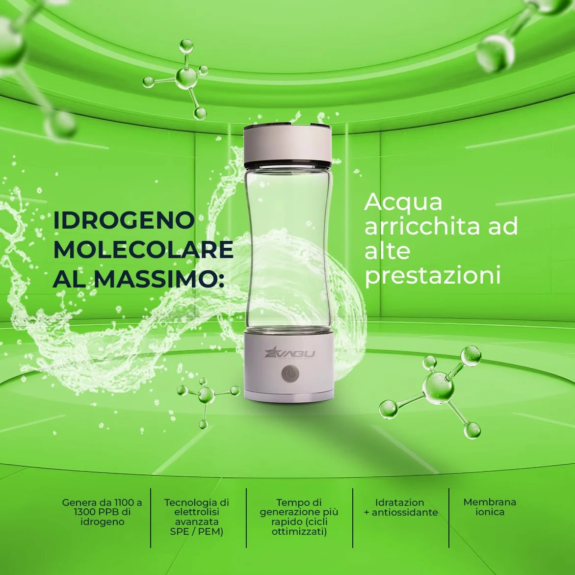 Molecular Curve – Borraccia Acqua Idrogenata Ricaricabile – 1300 PPB Idrogeno Molecolare – Ionizzatore Acqua con Tecnologia SPE e PEM – 450 ml