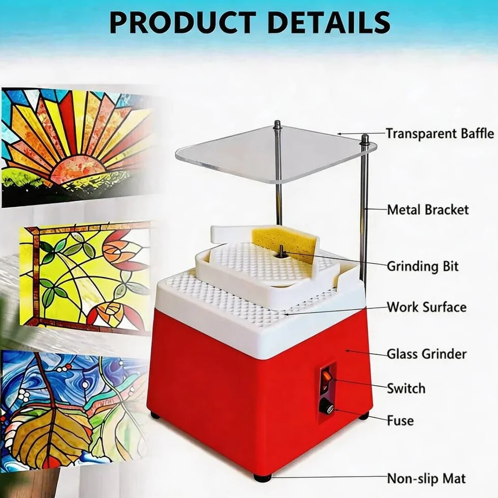 Smerigliatrice per Vetro Portatile,220V,con Funzione di Aspirazione,Protezione Trasparente,5 Testine Smerigliatrici Intercambiabili Accessori universali,design a doppio strato,per Vetro e Ceramica