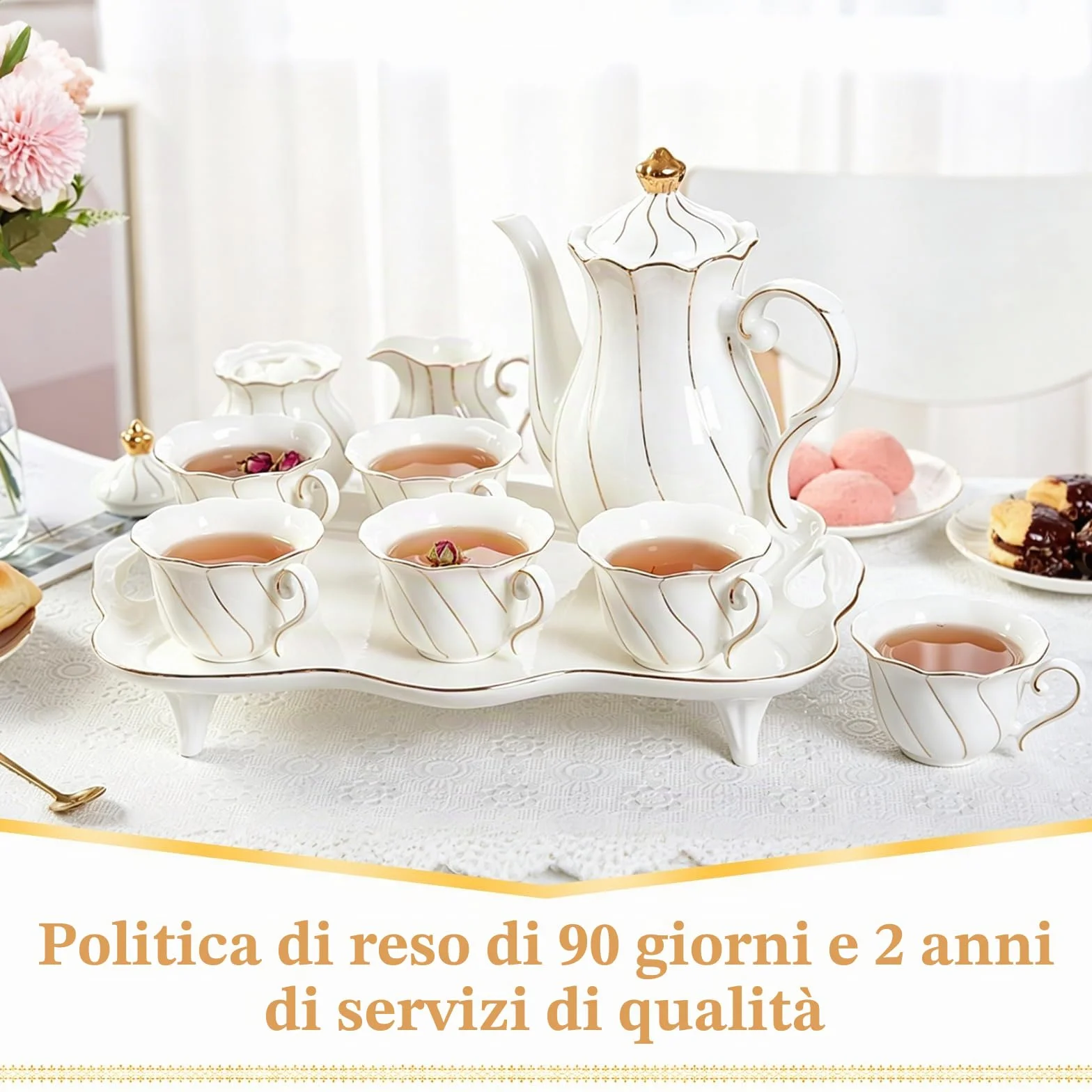 Set da Tè Britannico di Lusso 14 Pezzi Porcellana Bianco con Vassoio e Cucchiai