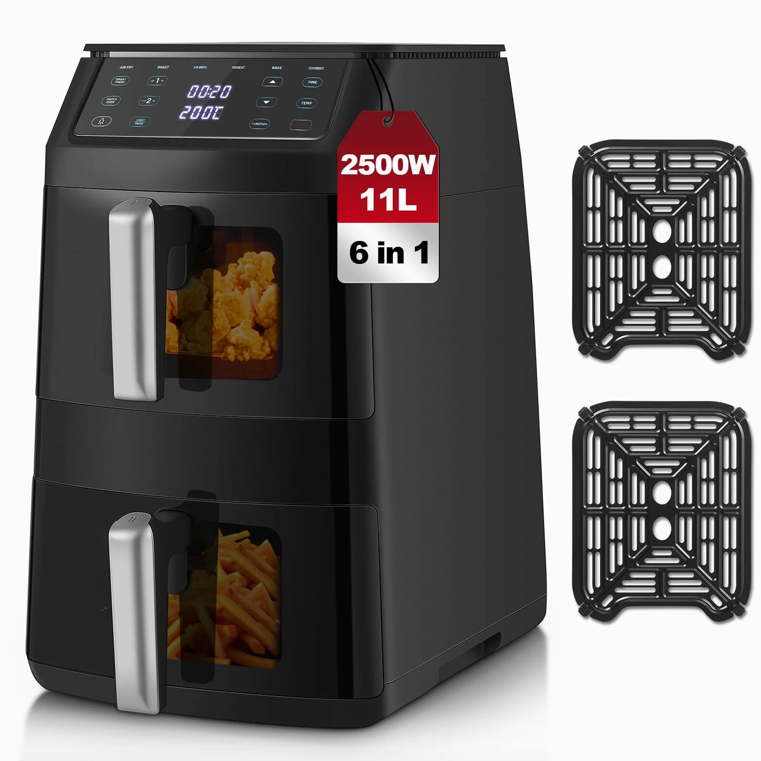 TopStrong Friggitrice ad Aria Doppio Cestello, 11 Litri Air Fryer Verticale 2 Cestelli con Finestra, 40-220℃, 6 Funzioni, Compatta, 2500W, Fino a 8 Persone, Componenti Lavabili in Lavastoviglie