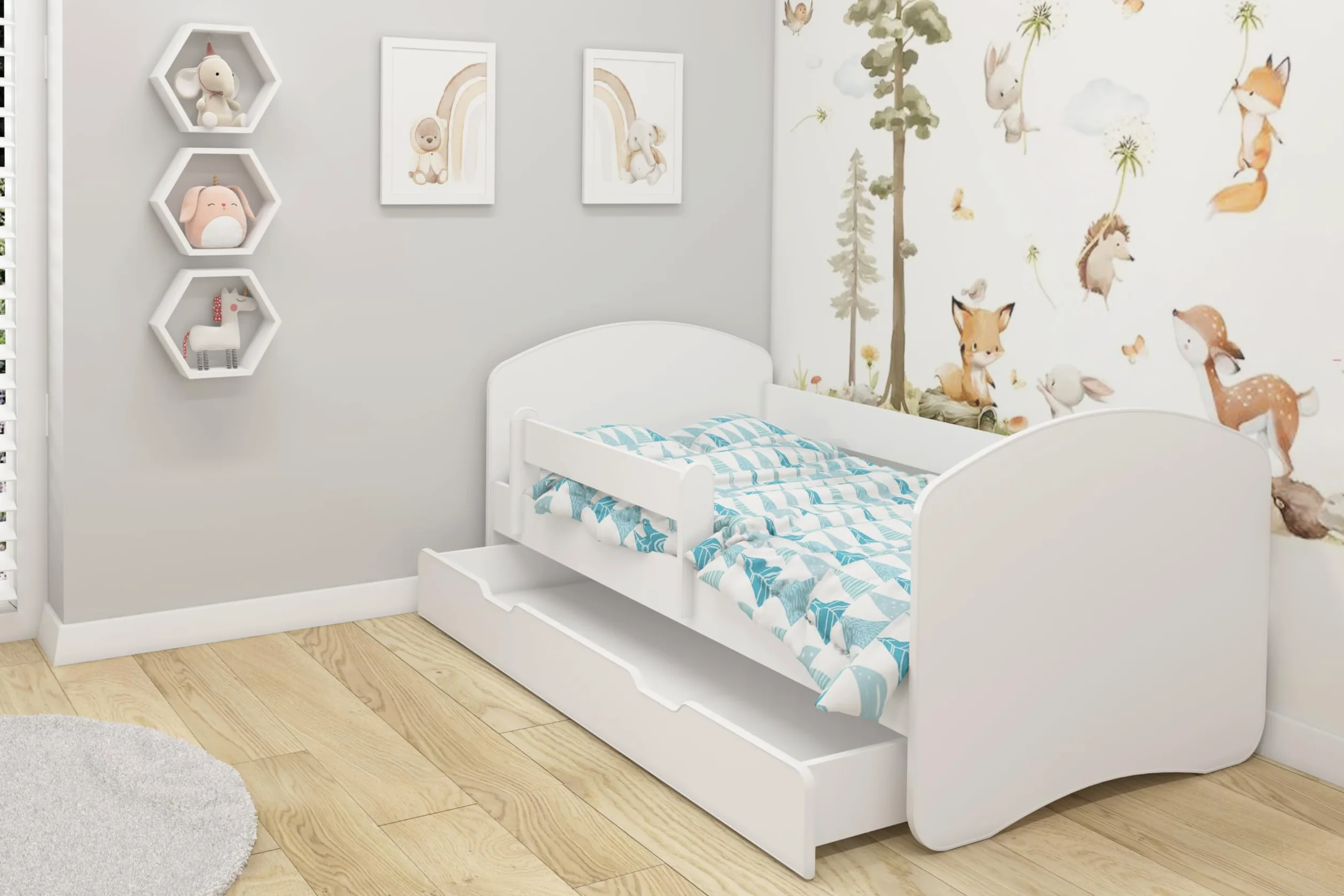 ACMA II Letto Junior 160x80 cm Bianco con Materasso e Rete a Doghe - Letto per Bambini con Sponde di Sicurezza, Portata fino a 120 kg, Variante con Cassetto