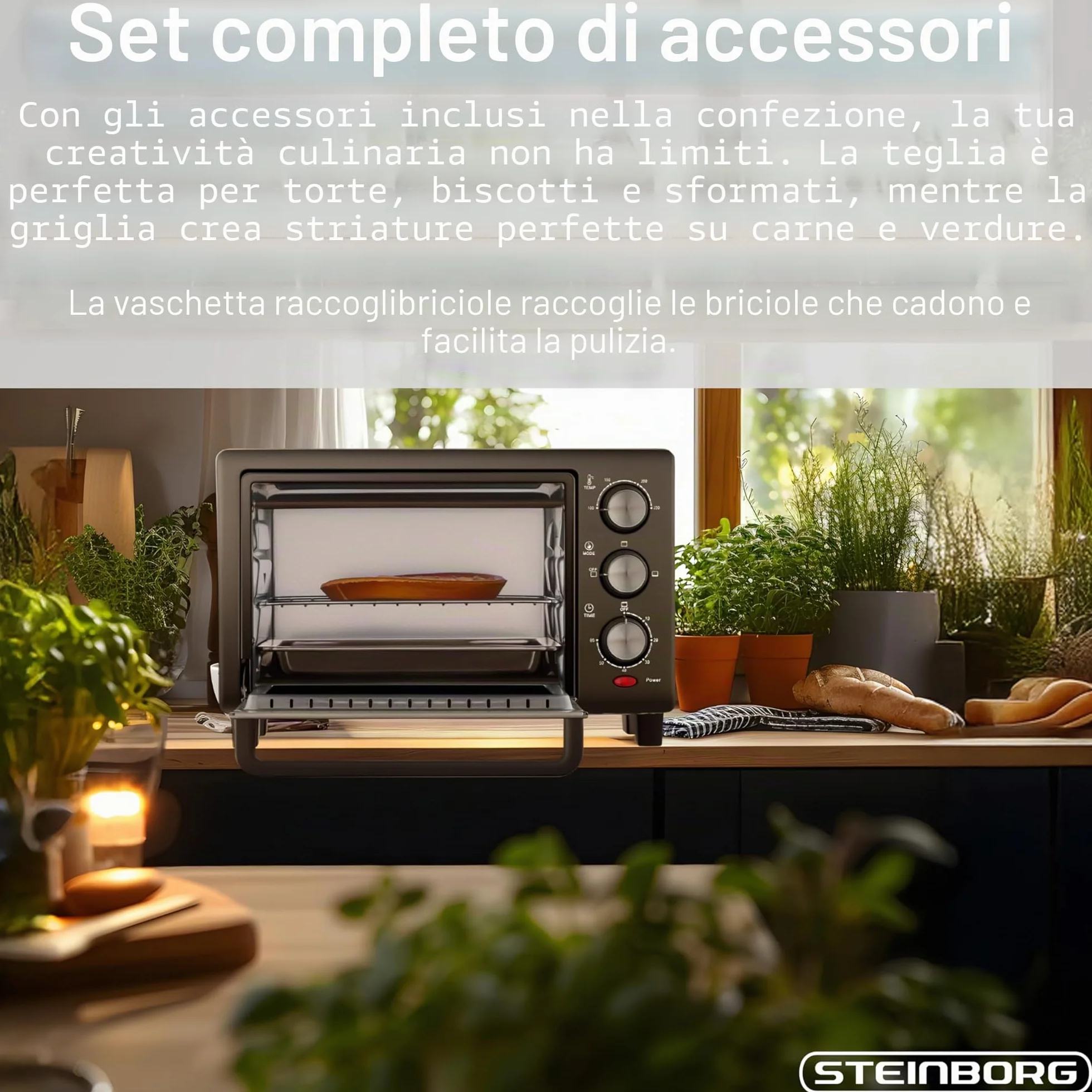 STEInBORG Mini forno 15 litri 3 in 1 forno per pizza calore superiore/inferiore 60 minuti
