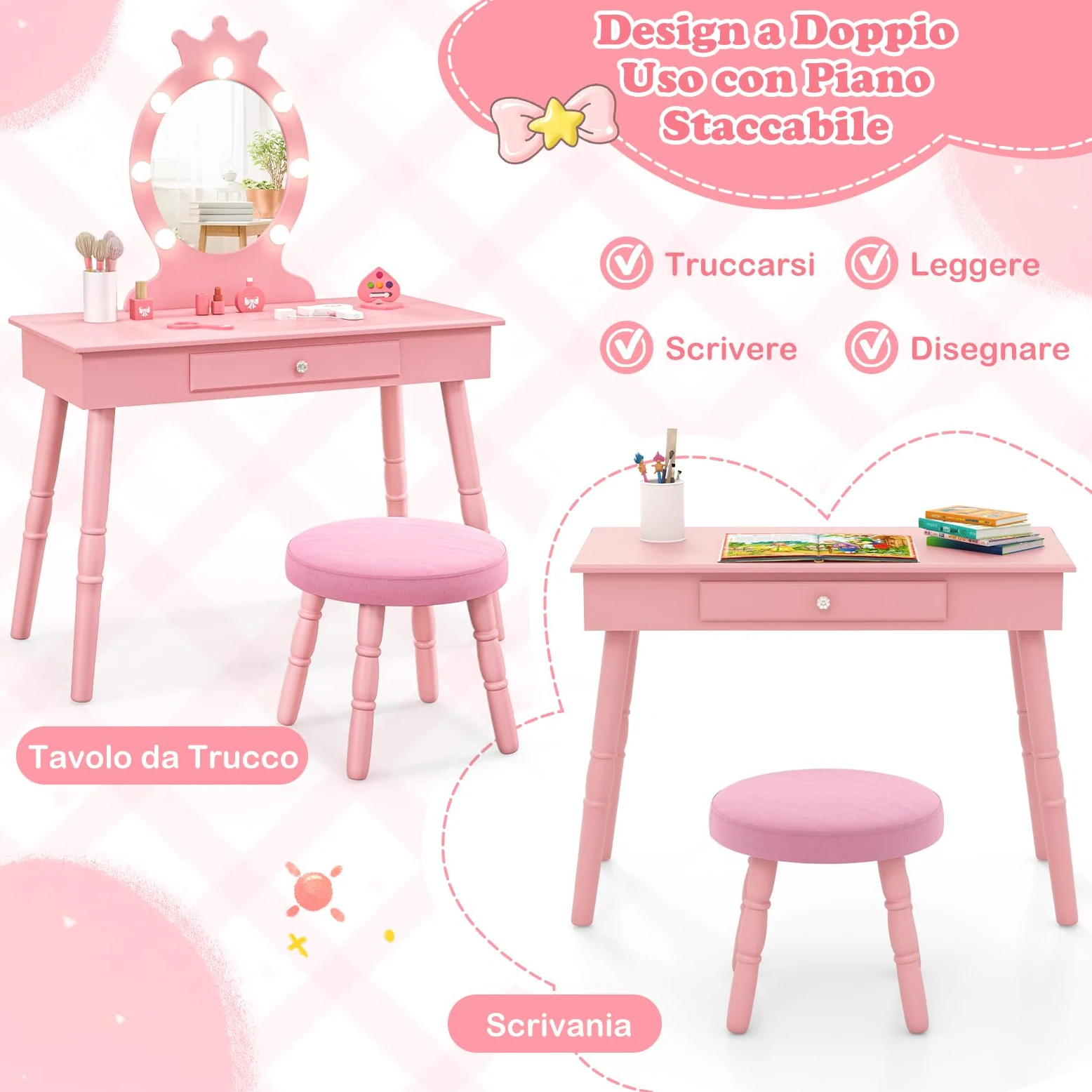 RELAX4LIFE Toeletta Trucco per Bambina con 7 Lampadine LED, 3 Colori di Luci, Specchiera Trucco con Sgabello, Toeletta in Legno, Specchio Rimovibile, per Bambini 3-7 Anni (Rosa)