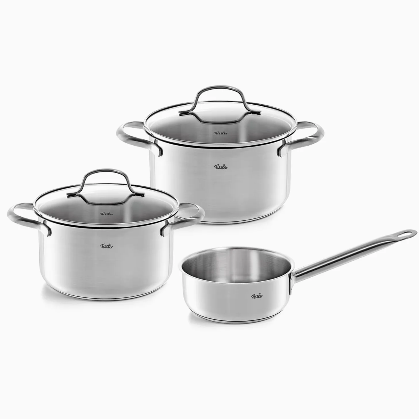 Fissler San Francisco - Set di pentole in acciaio inox, 3 pezzi, coperchi in vetro, compatibile induzione (2 pentole, 1 casseruola)