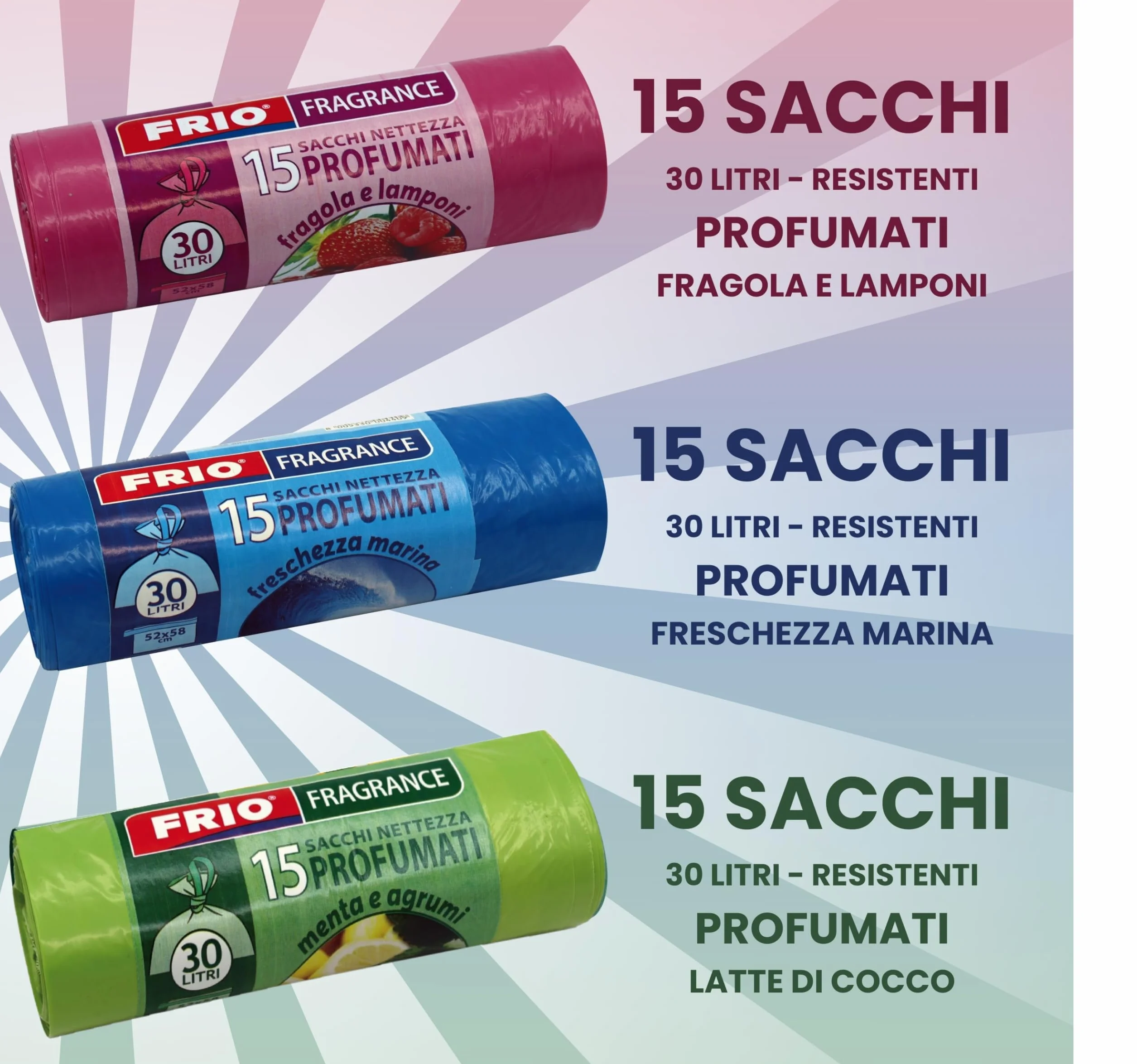 FRIO Multifrutti - 90 Sacchetti spazzatura 30 Litri Profumati, 6 Confezioni da 15 Sacchi immondizia con 6 aromi, colori assortiti - 52x58 cm - Buste per pattumiera resistenti, piccoli, differenziata