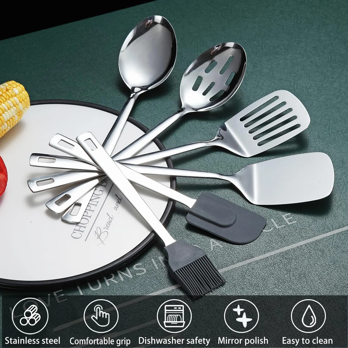 Set di utensili da cucina in acciaio inossidabile 40 pezzi con portautensili, gadget da cucina, set di spatole in metallo