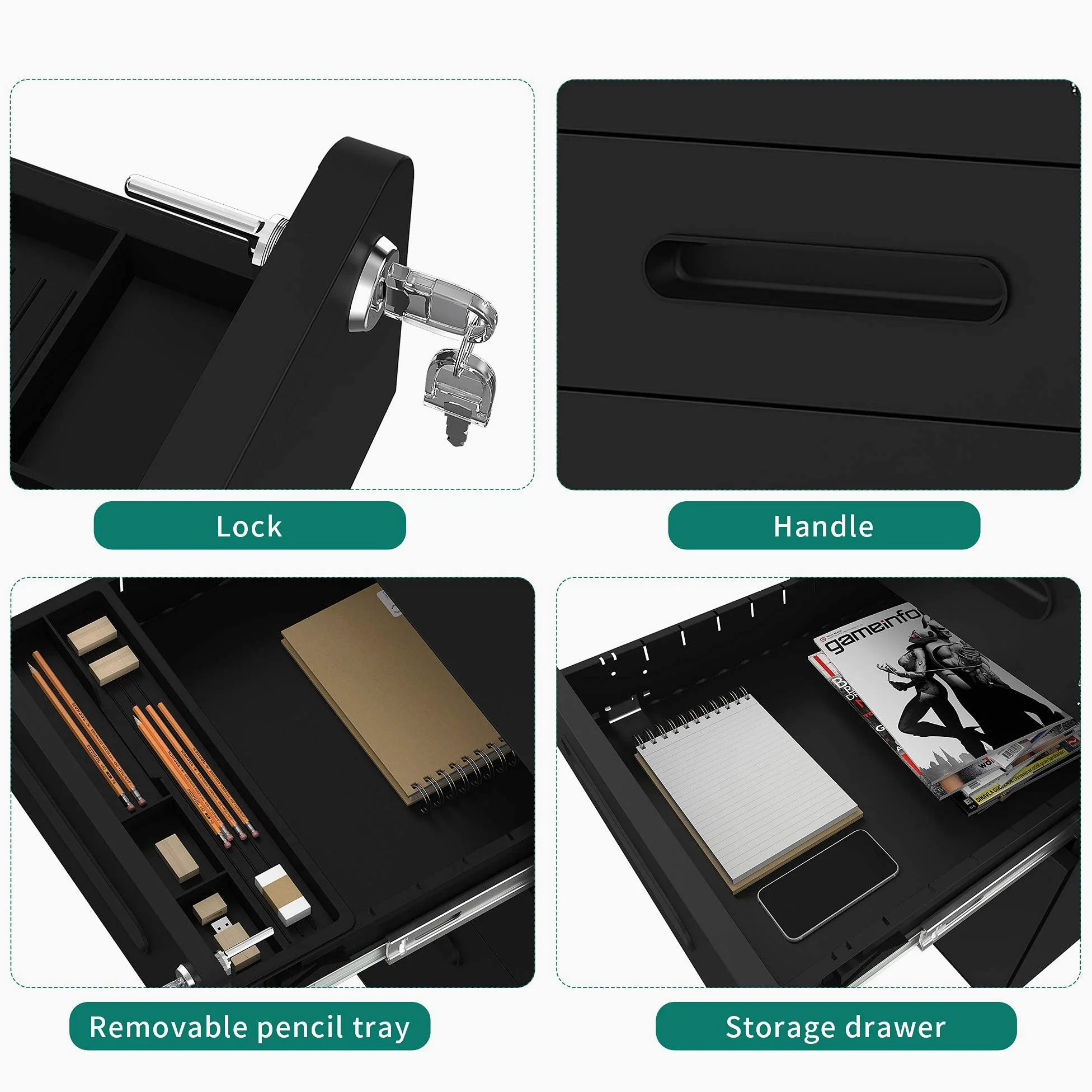 YITAHOME Armadietto Per Documenti A 3 Cassetti In Metallo Con Serratura, Completamente Assemblato, Nero, Large