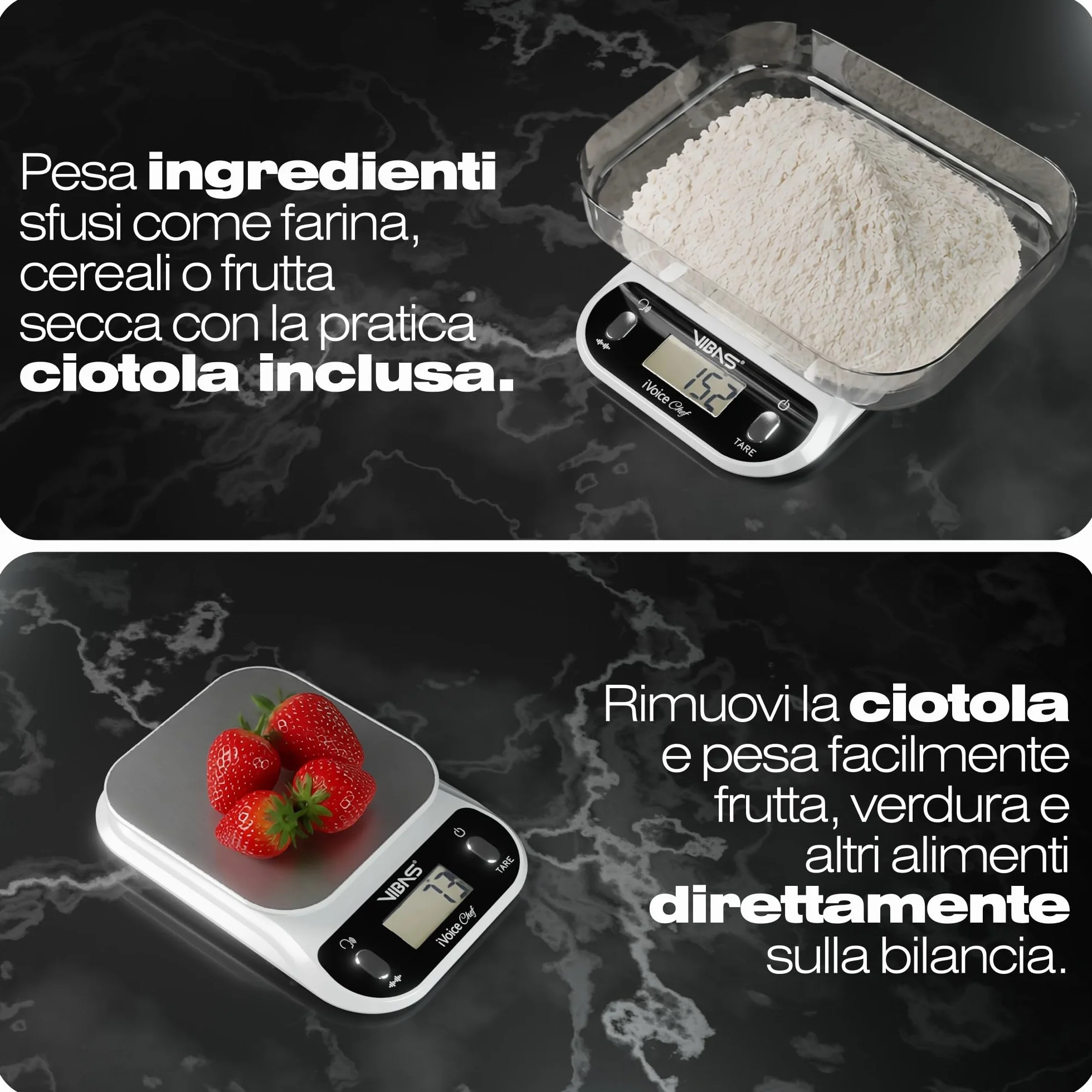 Bilancia da Cucina Parlante VIBAS iVoice Chef con Ciotola, 5 Lingue, Portata 10 kg