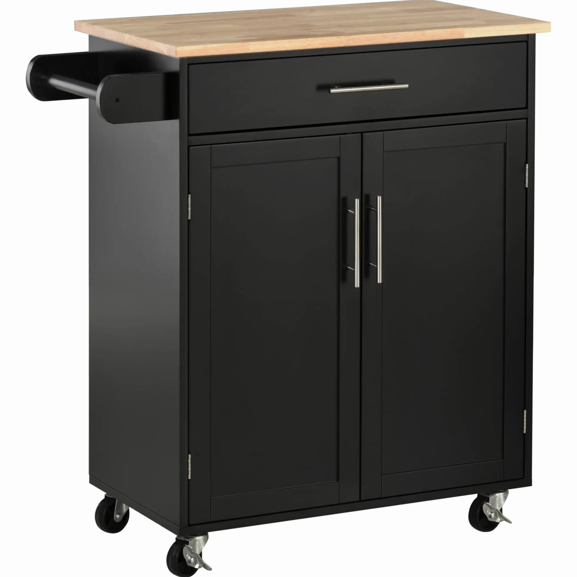HOMCOM Carrello da Cucina con Cassetto e Armadietto 2 Ante, Isola Cucina con Ruote e Barra Laterale per Asciugamani, 83x45x91.5cm, Nero