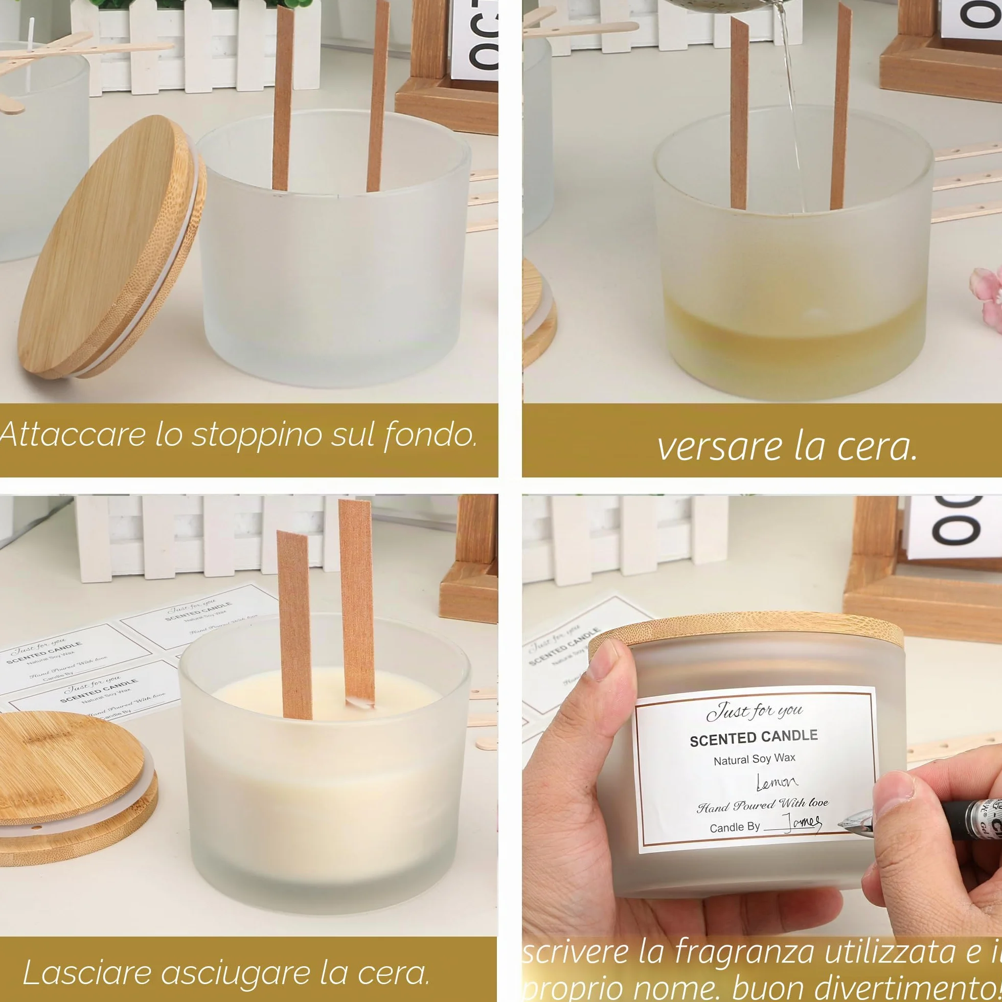 Confezione da 6 barattoli per candele da 16 once con coperchi in bambù e kit per la produzione