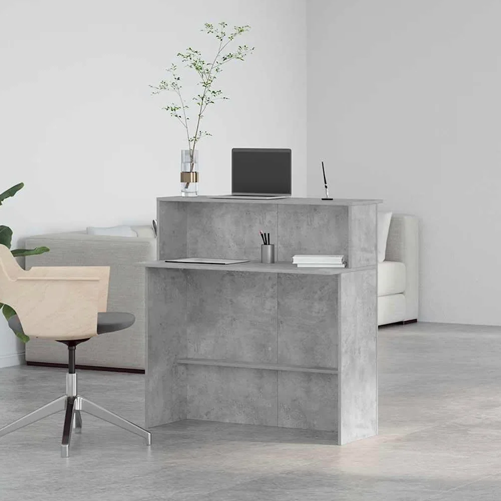 Bancone da ricevimento, in legno grigio cemento, 100 x 50 x 103,5 cm, con spazio e ripiano, scrivania versatile per ufficio, reception, postazione di lavoro e home office, struttura stabile con