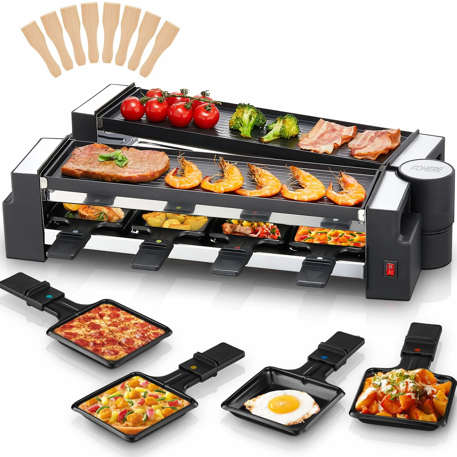 FOHERE Raclette Grill per 8 Persone, 1400W Griglia Elettrica Antiaderente Reversibile con 8 Mini Padelle, Acciaio Inox Opaco, Adatto per Famiglie e Feste