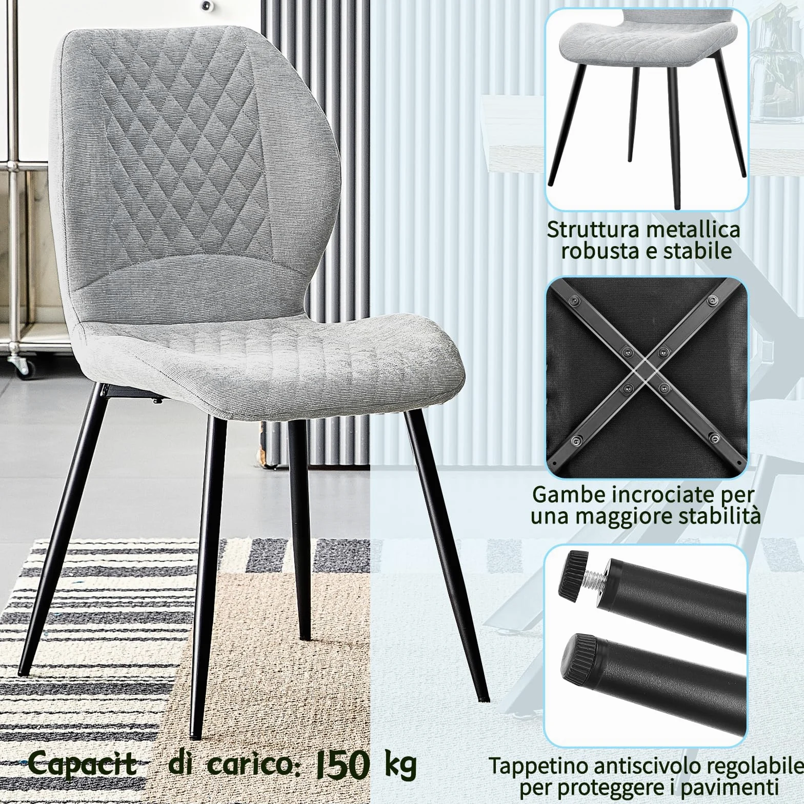JIJIAN set di 6 Sedie da Pranzo Imbottite in Lino Naturale, Design Ergonomico Moderno per Cucina, Sala da Pranzo, Soggiorno, Camera da Letto, Reception, Grigio
