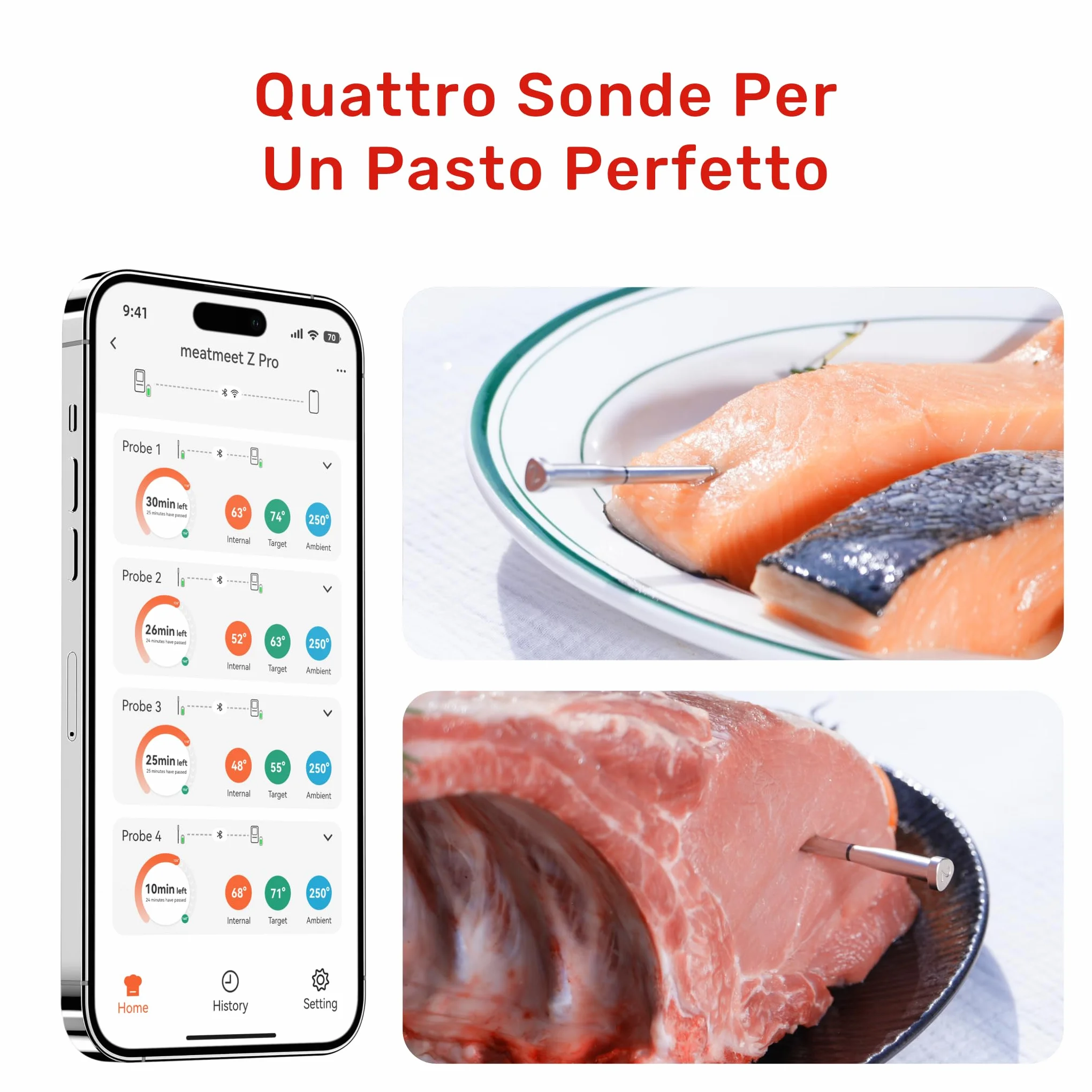 Z Pro Termometro per carne wireless con WiFi e Bluetooth, 4 sonde con 6 sensori, Resistenza a 595°C, Impermeabile IP69, ideale per Forno, BBQ, Grigliate, Affumicatori, forni e cucina