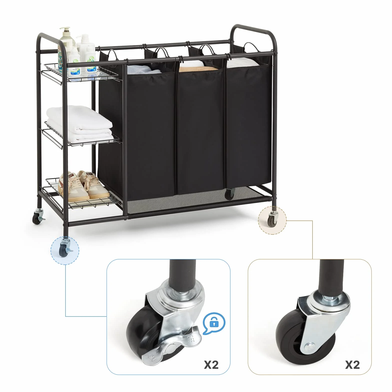 Meerveil Carrello Porta Biancheria con 3 Sacchi Rimovibili, Ceste per Bucato con Rotelle Universali