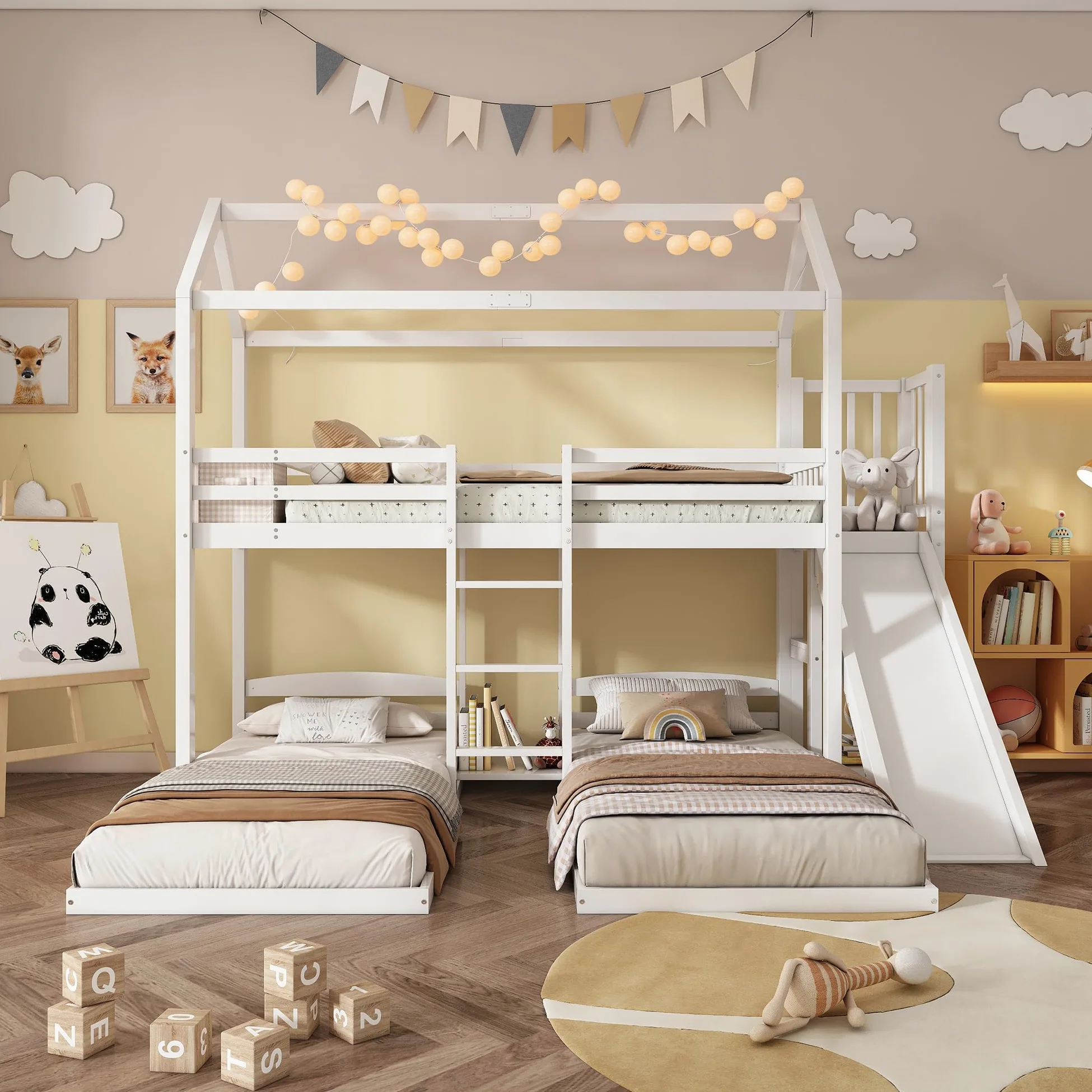 Letto a Castello 90 x 200 cm, Letto a Castello con Scivolo e 3 Posti Letto, per Ragazzi e Bambini (senza Materasso)