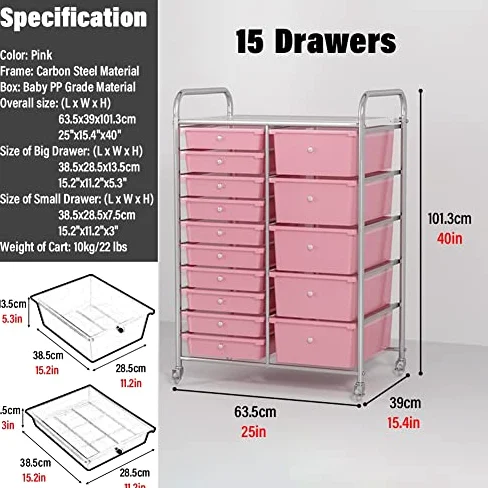 Carrello Multiuso Nero con Ruote, Dotato di 15 cassetti e Piano d'appoggio. Versatile, Ideale per riporre Oggetti Artigianali, organizzare L'Ufficio, allestire Uno scaffale per Par