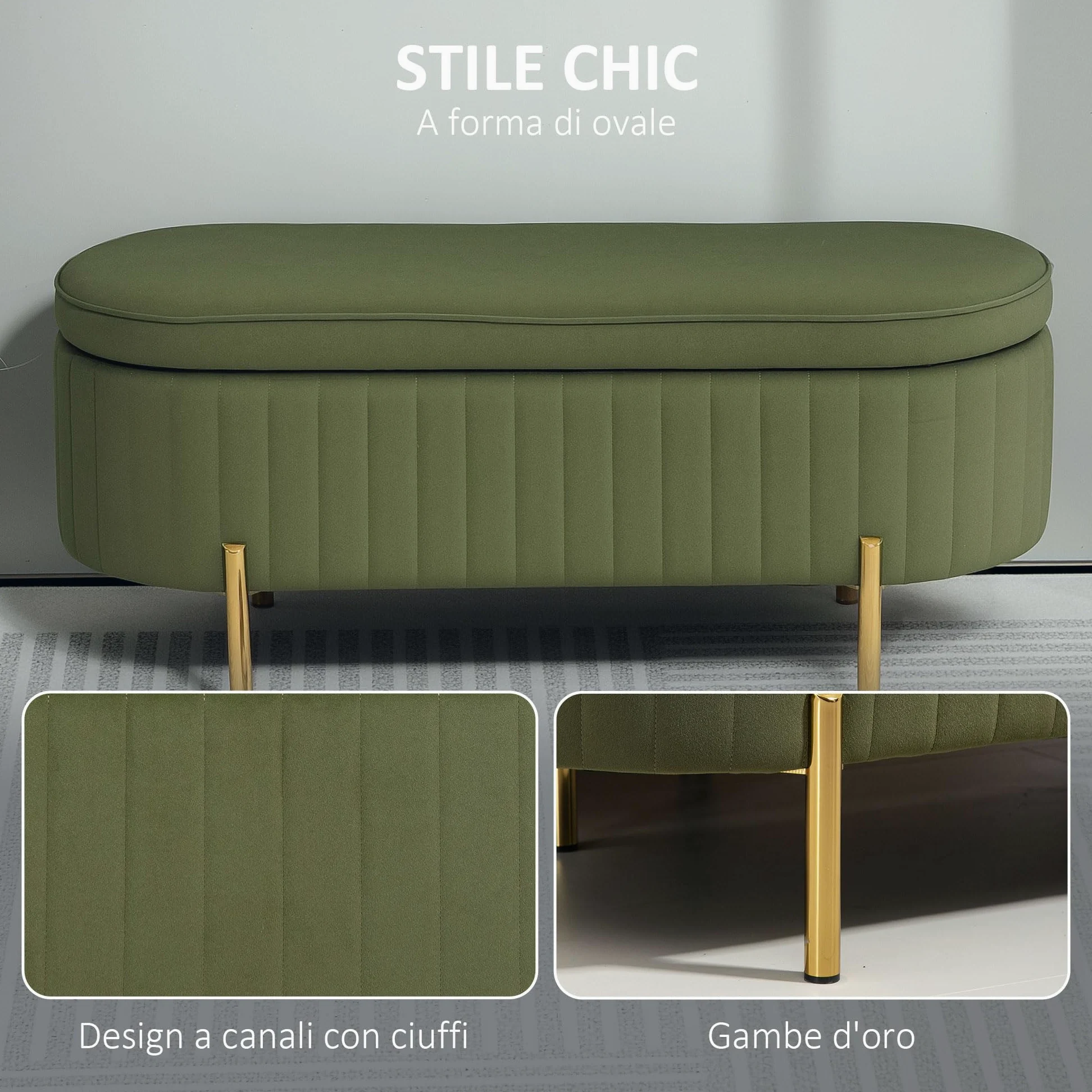 HOMCOM Panca Contenitore Ingresso Ovale 72L Design Scanalato con Coperchio Sollevabile, Seduta Imbottita, Panca Fondo Letto Pouf Cassapanca in Velluto e Struttura in Legno di Pino, 108x44x43.5cm,Verde